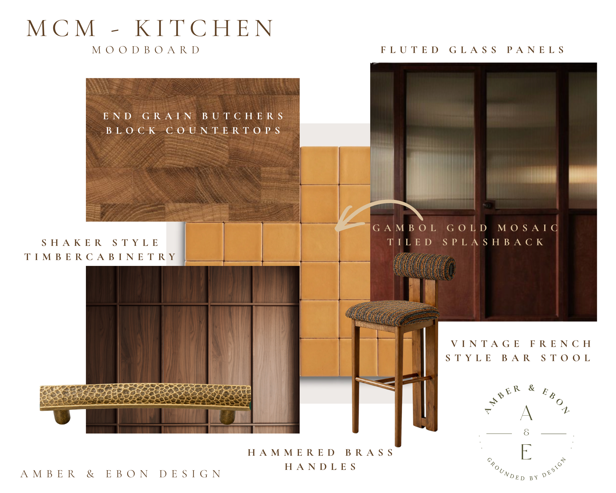 Digital collage of various kitchen and furniture materials and design elements, including wood, glass panels, tile, brass, and fabric, with descriptive text about design styles and product features.
