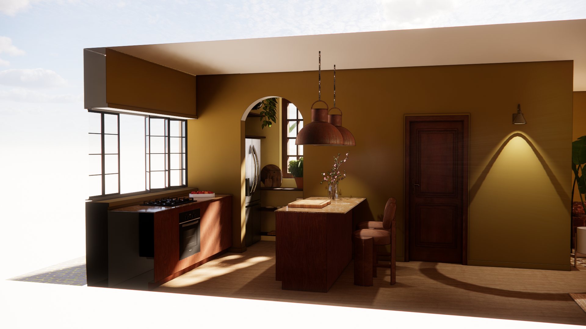 A cozy kitchen with large windows, wooden cabinets, a central island with flowers, and warm lighting creating a welcoming atmosphere.