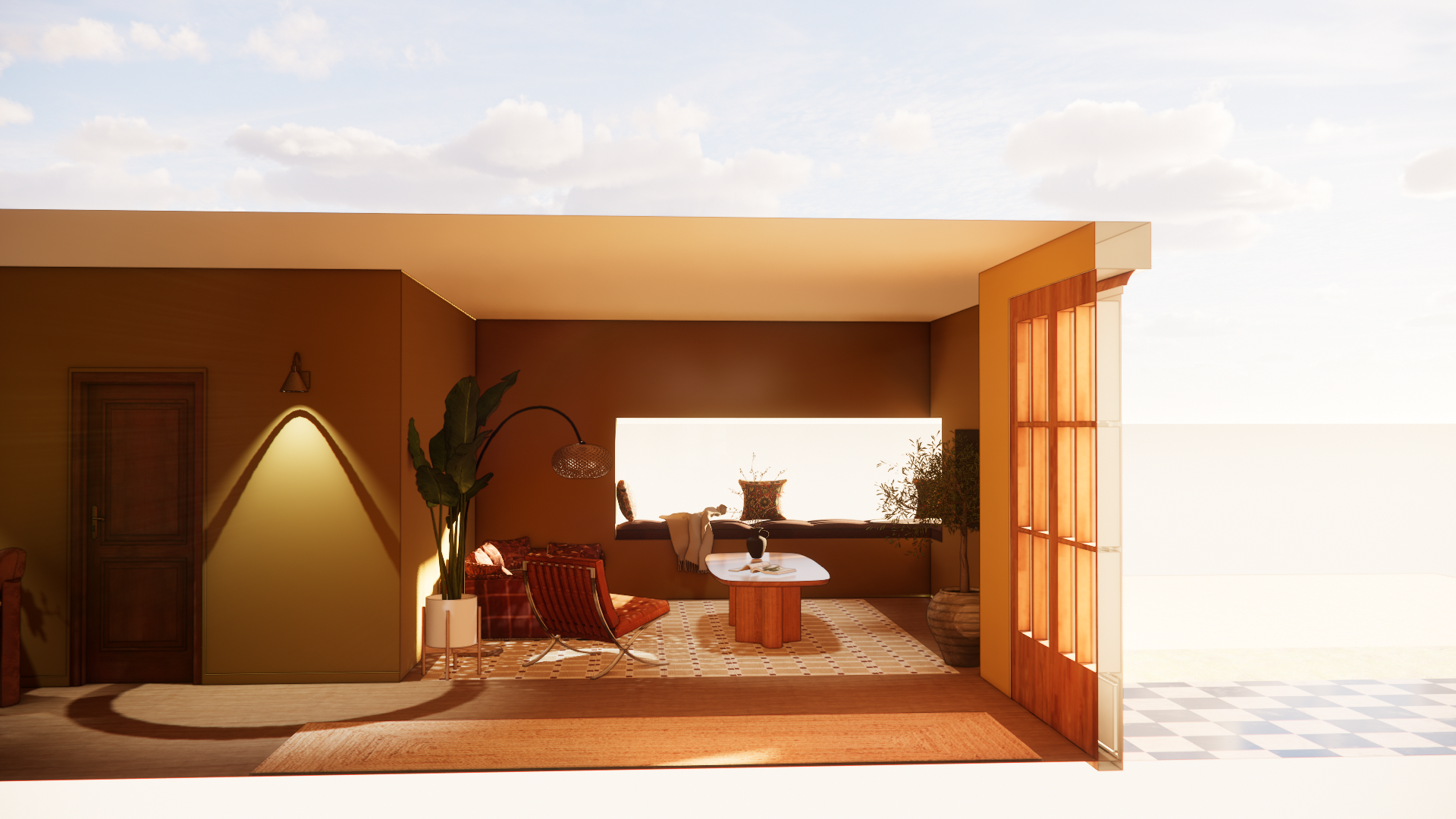 Interior of a modern living room with large window seat, plants, a chair, and warm colors, with a view of the sky through an open wall with a grid of glass panes.