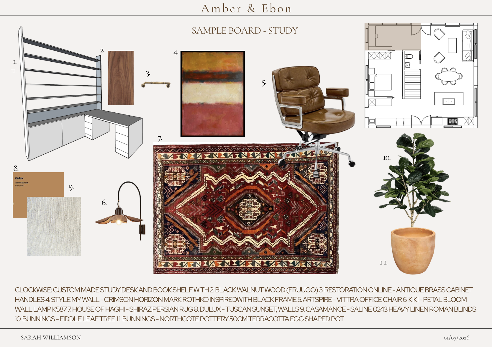 Design board showcasing a study room with a custom desk and bookshelf made of black walnut wood, a crimson horizon art piece, a vintage office chair, a petal bloom wall lamp, a potted Fiddle Leaf Tree, a Persian rug, swatch samples of tan paint and light fabric, a pendant light, and a terracotta egg-shaped pot. The layout includes floor plan details and color swatches.
