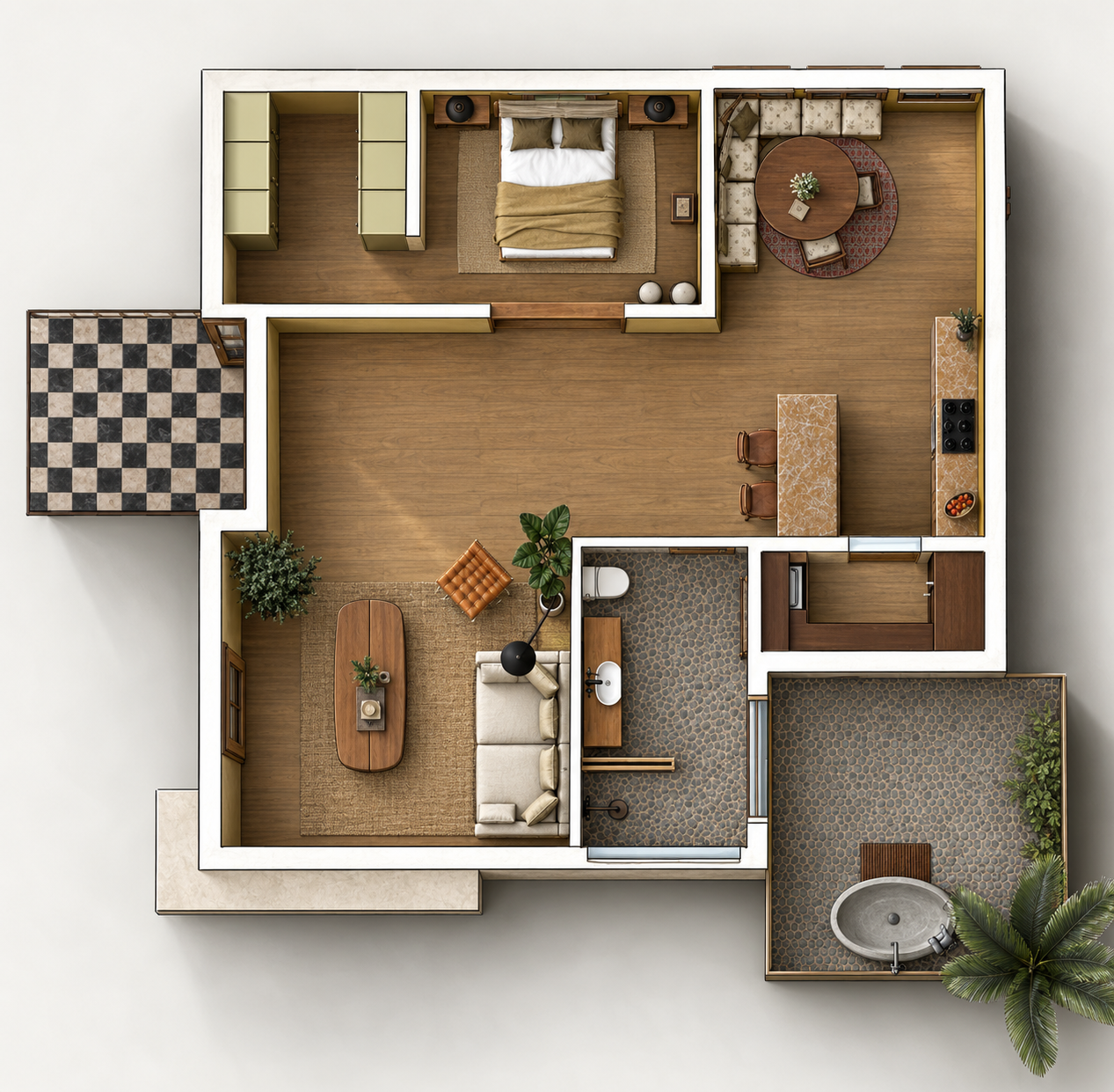 Top-down view of a one-bedroom apartment with a living room, kitchen, bathroom, and outdoor patio, decorated in modern style.