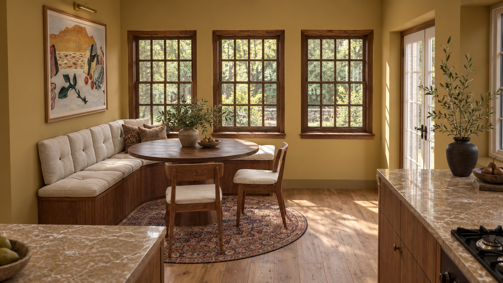 A cozy kitchen nook with three large windows, a built-in curved bench with beige cushions, a round wooden table, and two wooden chairs, with potted plants and a colorful abstract painting on yellow walls.