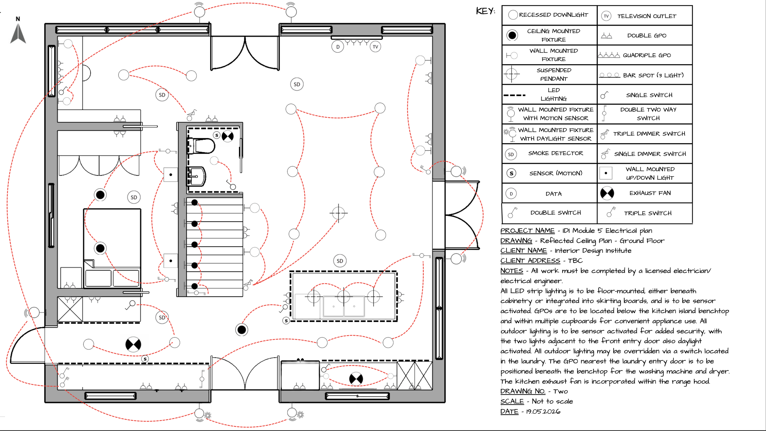 Electrical plan for a building with various lighting fixtures and sensors, including ceiling-mounted lights, wall-mounted fixtures, sensors, and switches, with a key explaining each symbol, notes on installation, and the project details.