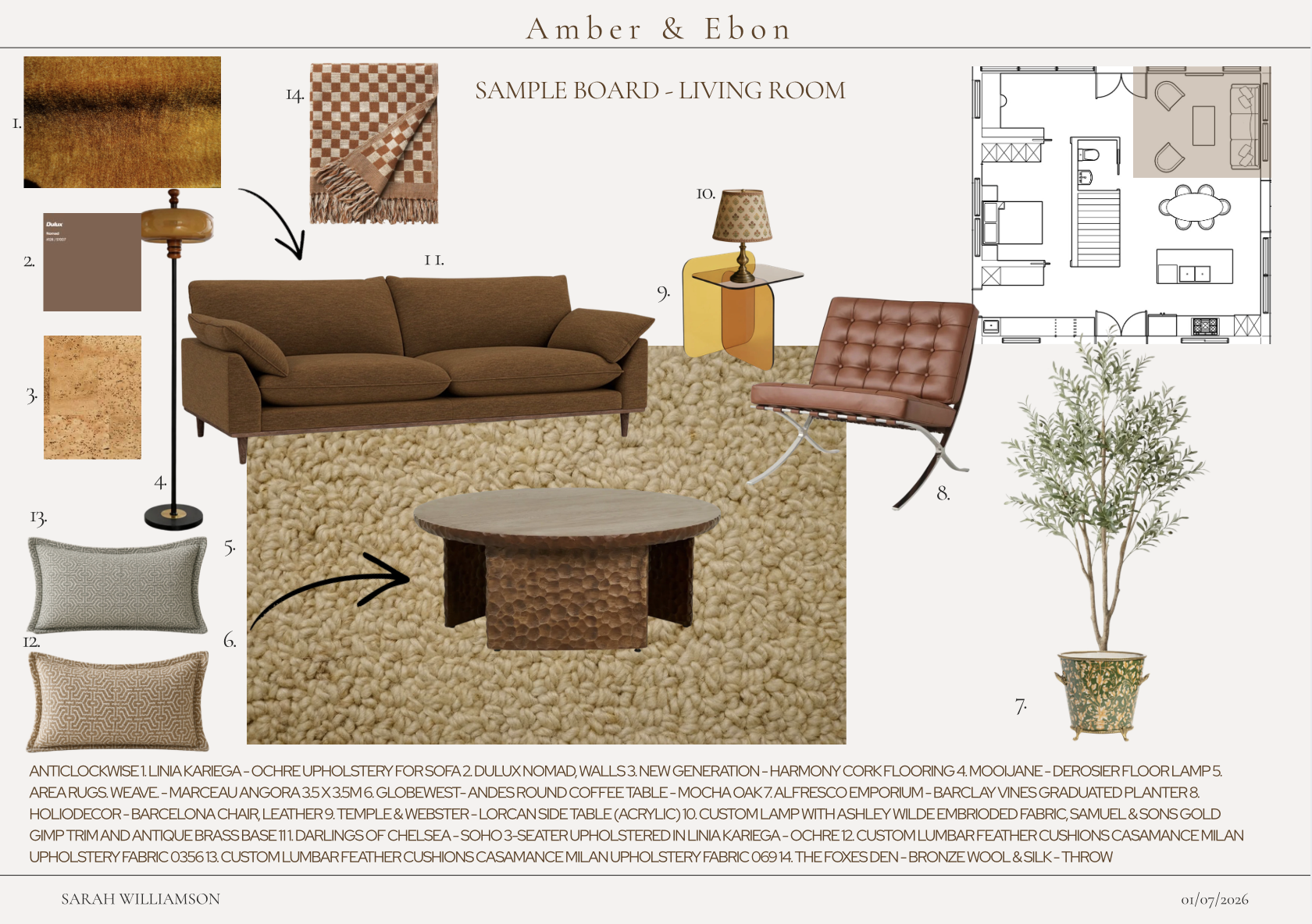 Sample interior design mood board for a living room featuring a brown sofa, a round textured coffee table, a multicolored table lamp, a leather chair, assorted cushions, a beige and brown rug, a checkered throw, a floor lamp, a potted olive tree, and a floor plan layout.