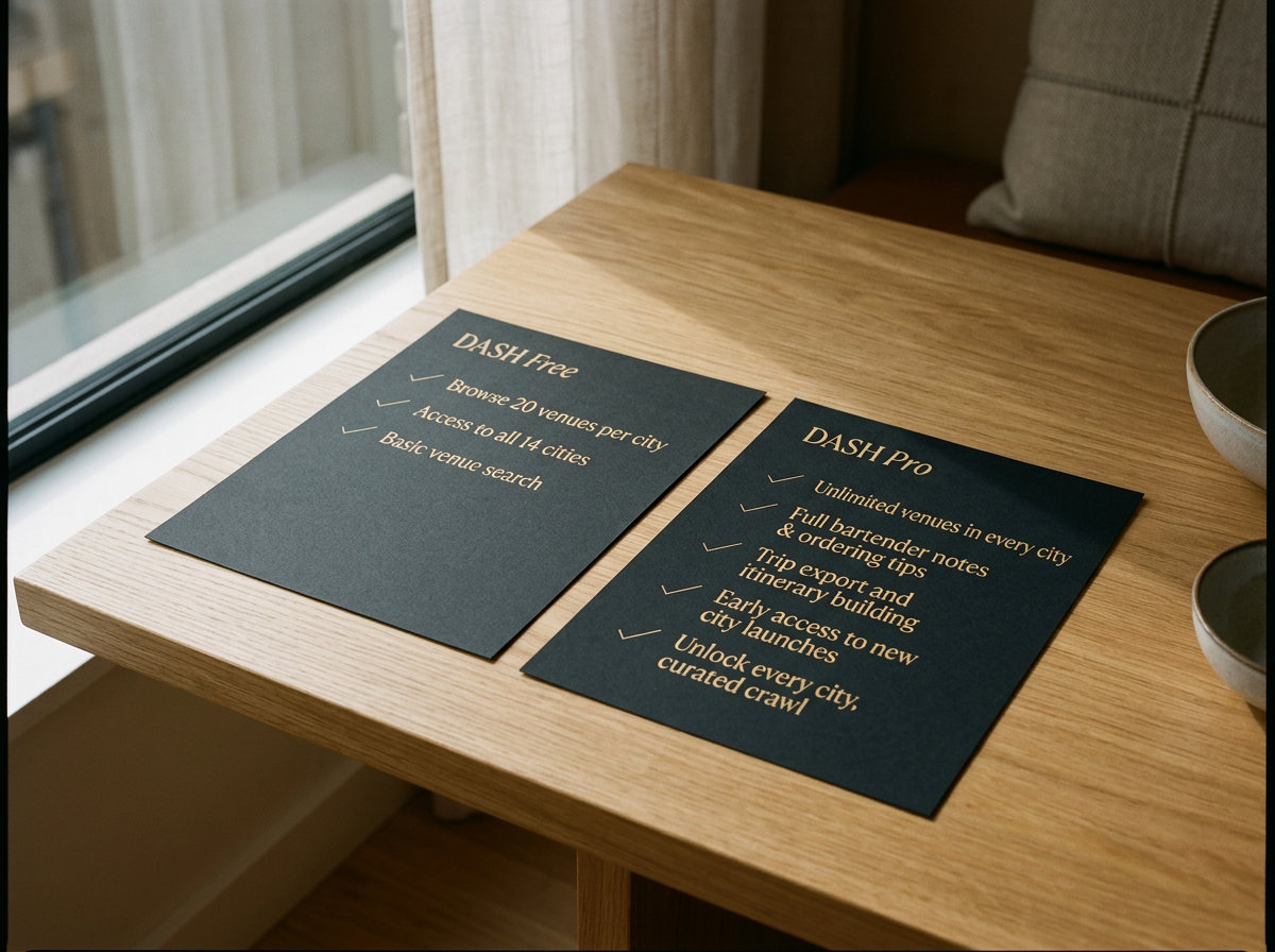 Two black flyers on a light wooden table, advertising DASH Free and DASH Pro services with check marks next to features.