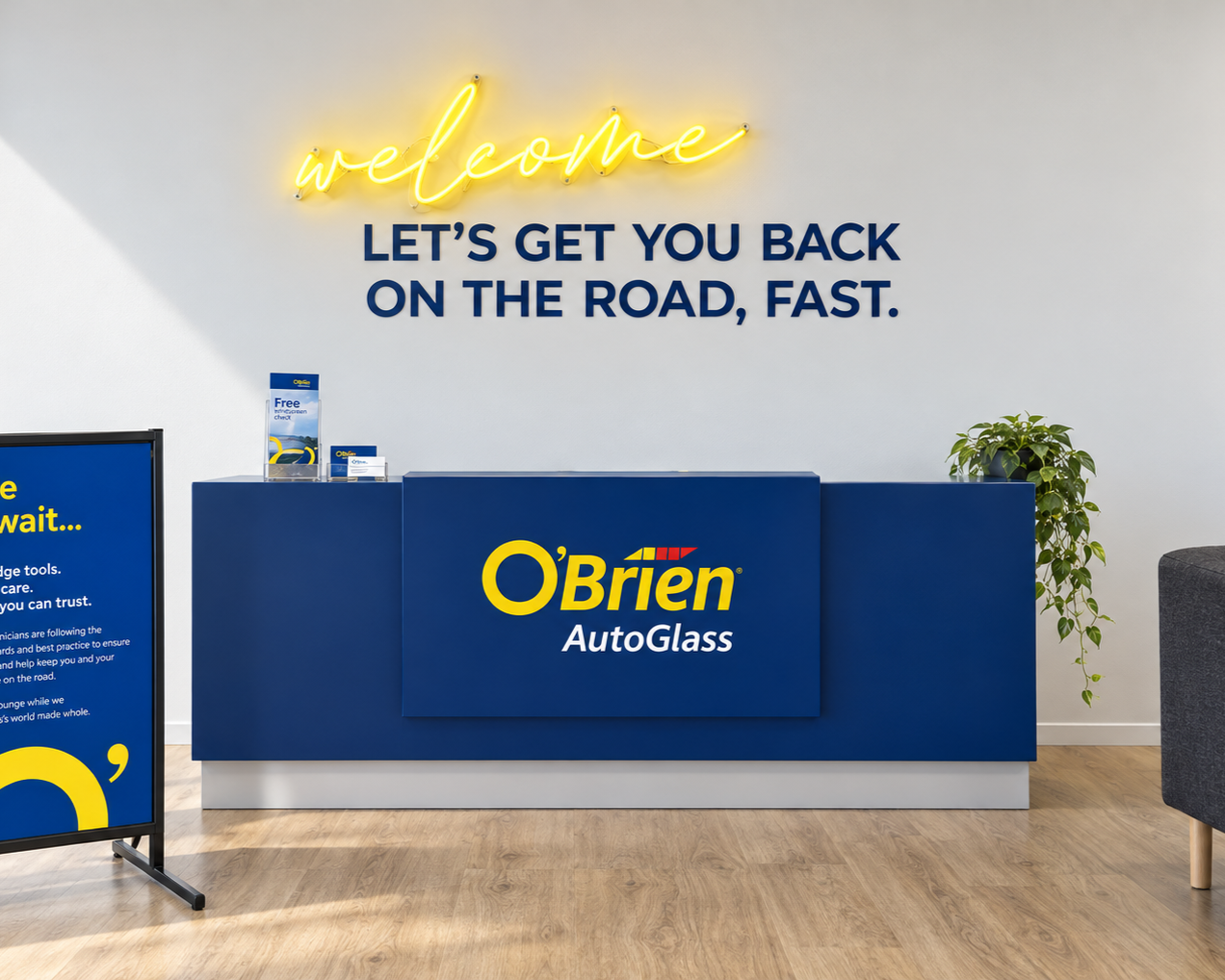 I brought the refreshed brand inside, developing a fit-out system that connected reception, waiting areas and workshops. From flooring, materials and paint colours to signage and wall graphics, every element had a job: make customers feel welcome, he