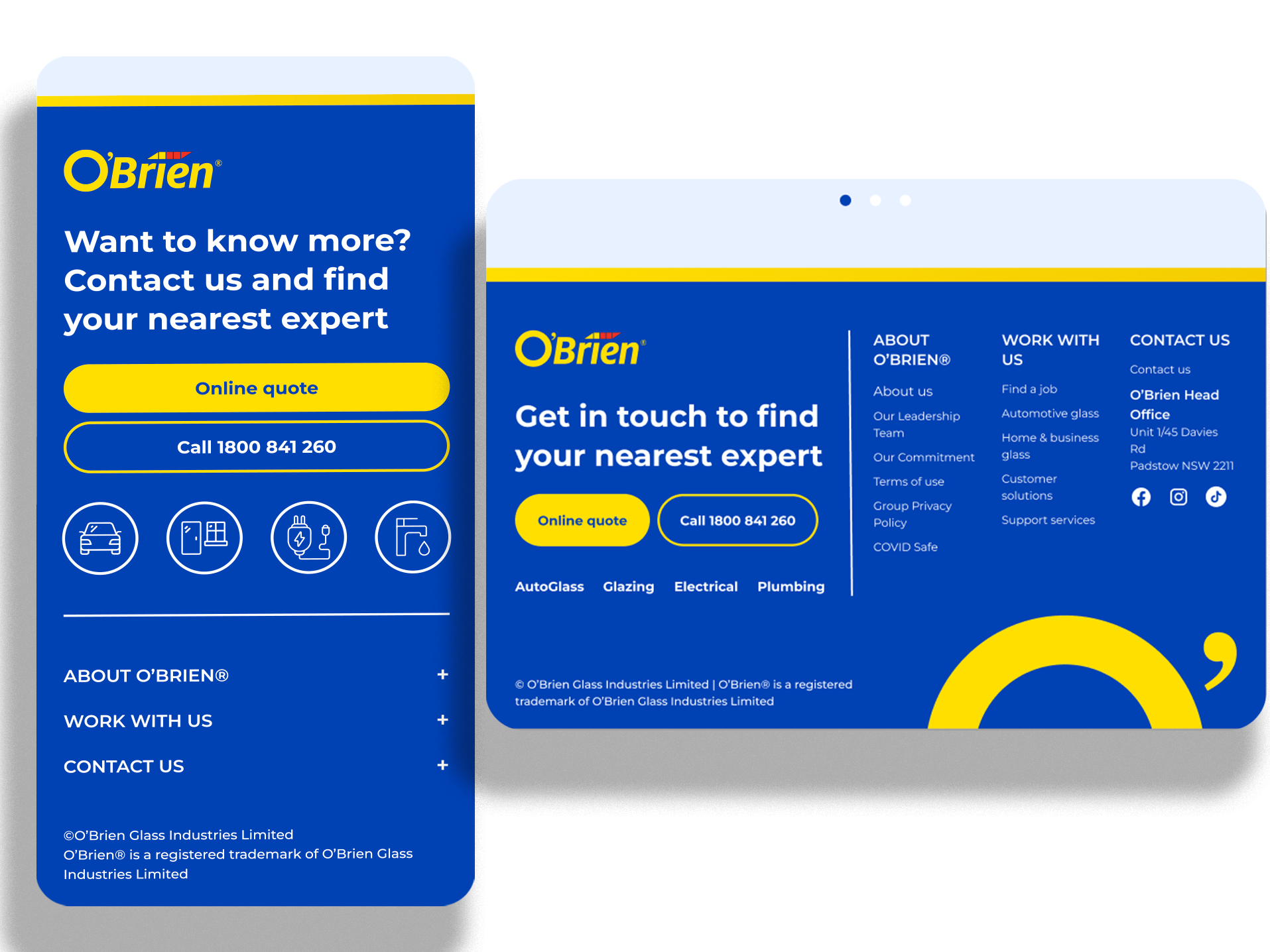 O’Brien website footer designs for desktop and mobile, showing contact links, quote and call buttons, and service icons.