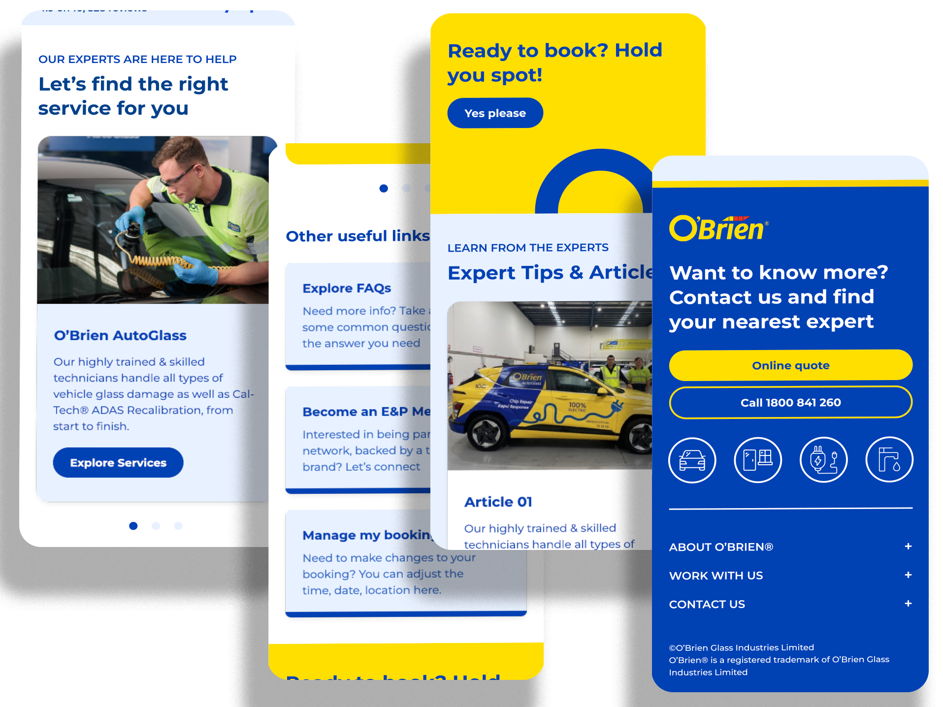 Mobile O’Brien website layouts showing service choices, customer reviews, benefits and contact options in a single-column flow.