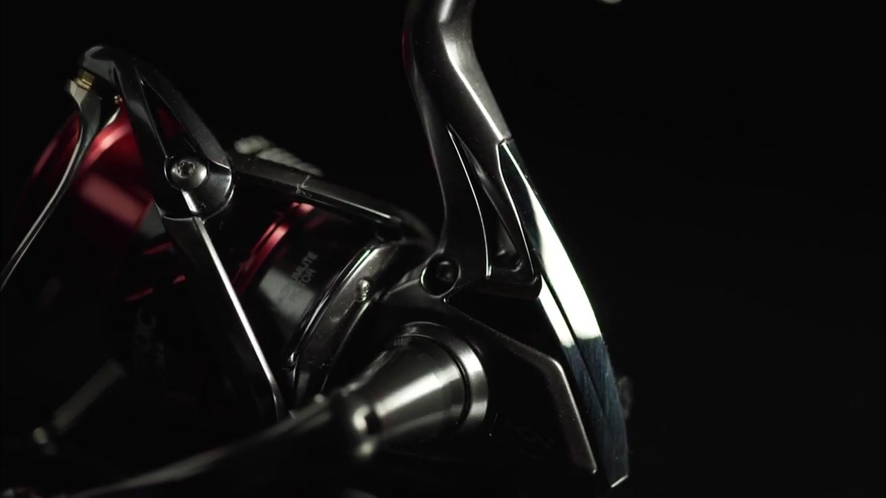 Close-up of the Stradic CI4+ reel body and handle against black, extracted from my original product film.