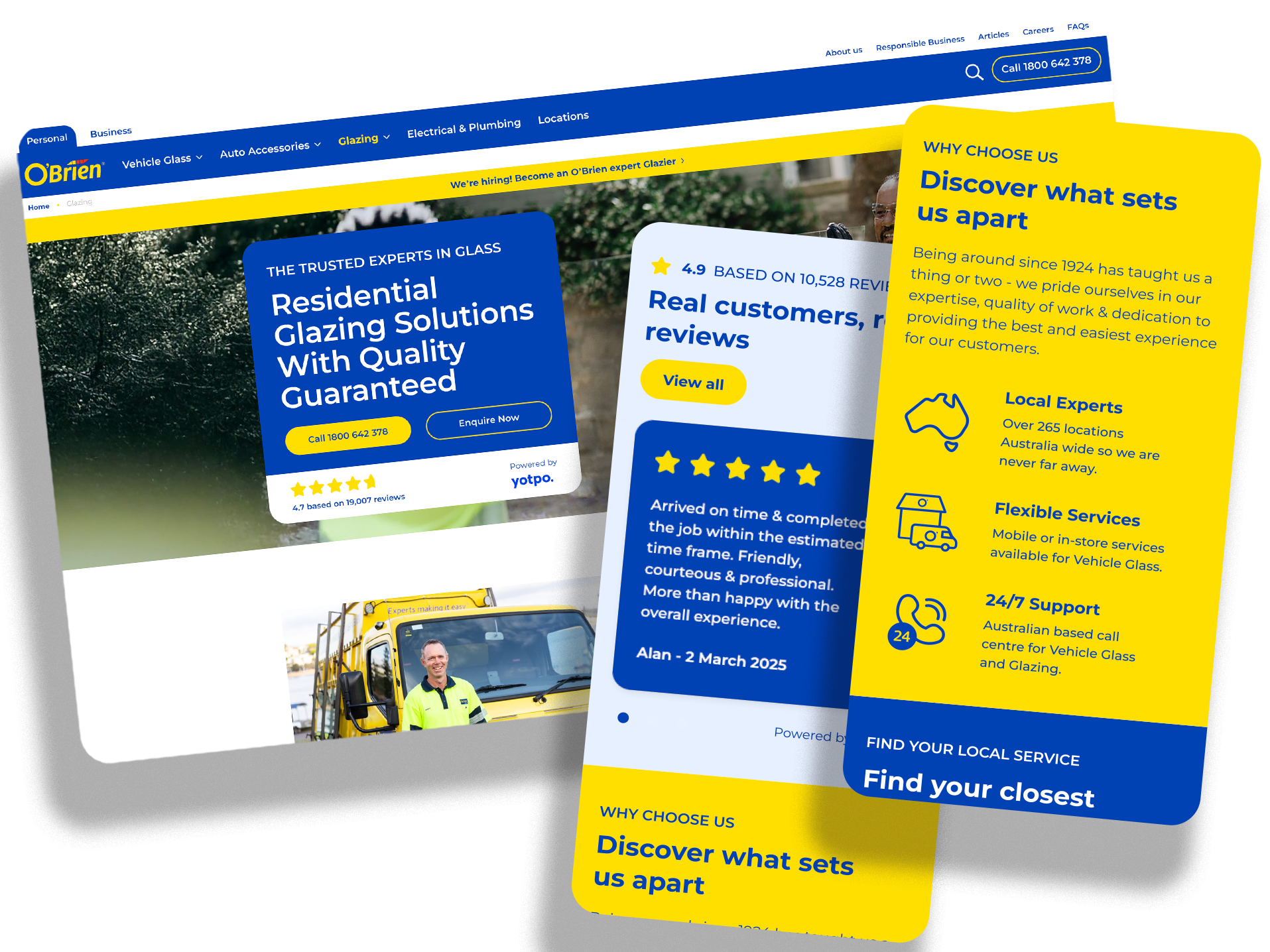 Desktop and mobile O’Brien website mockups featuring customer reviews, service benefits and reasons to choose O’Brien.