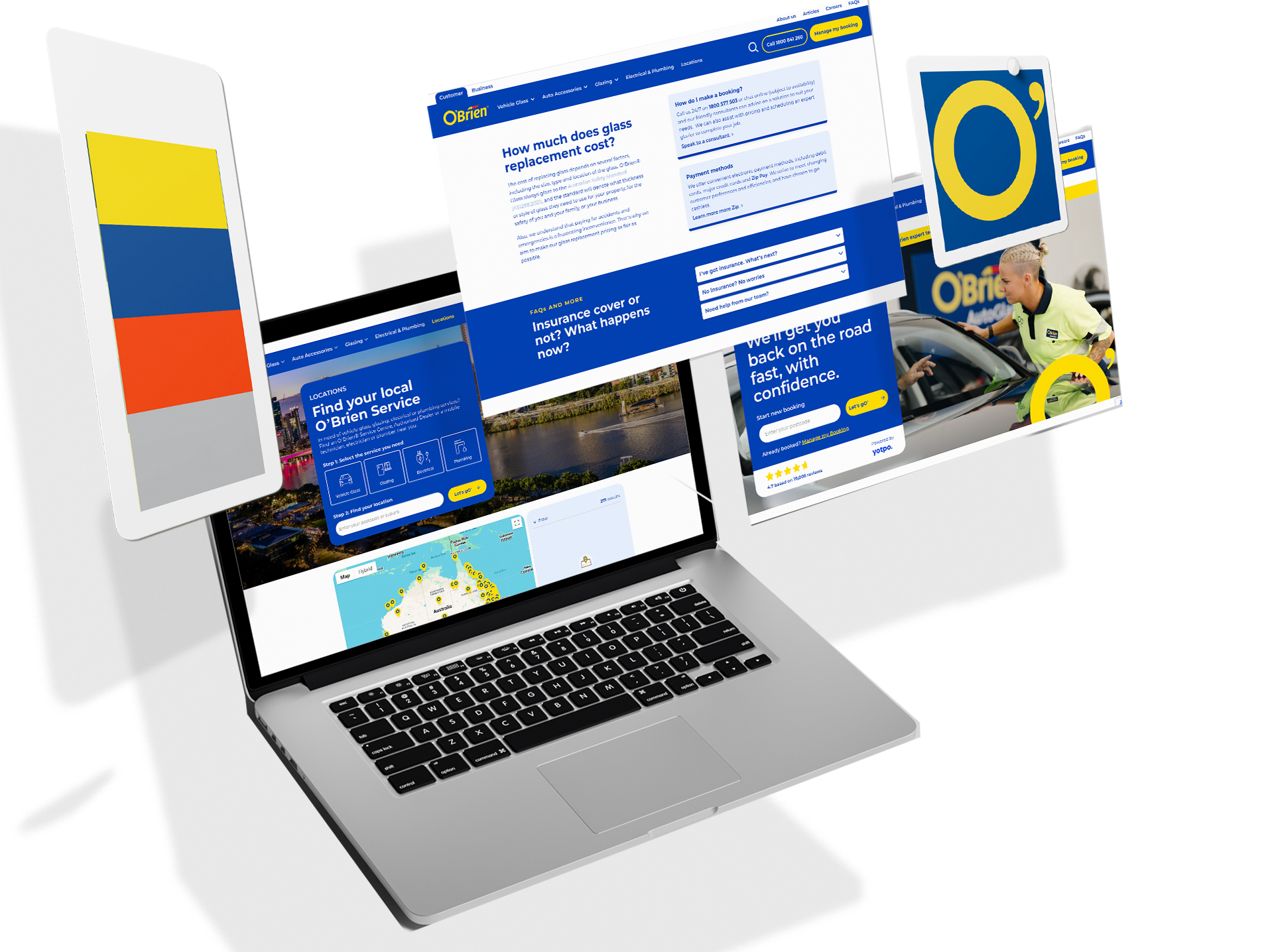 O’Brien website modules using blue backgrounds, yellow accents, consistent typography and brand imagery.