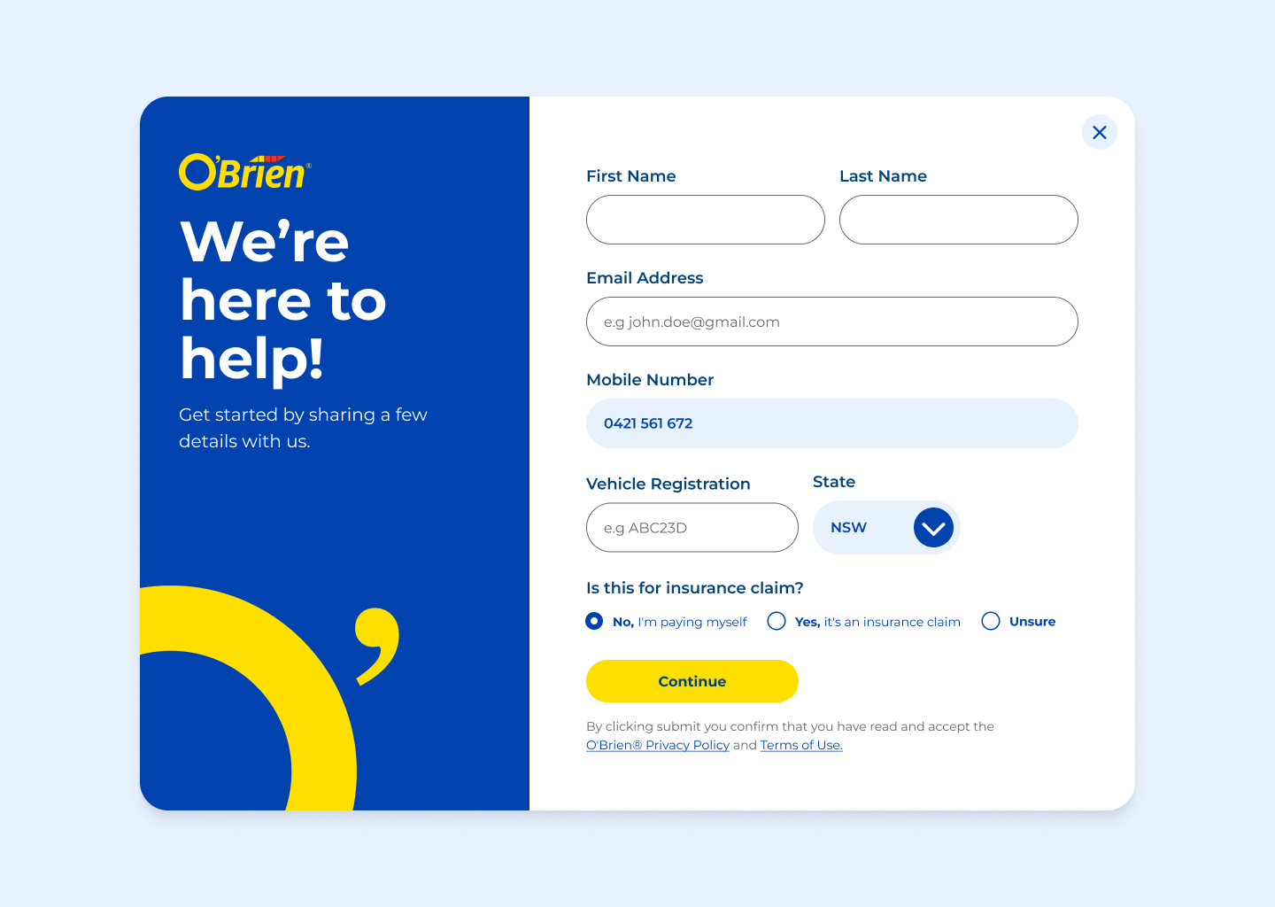 The O'Brien website optimisations also utilised progress and help prompts to make the process easier to follow. Recovery messages and call-back options gave customers a next step when they couldn't complete a booking online.