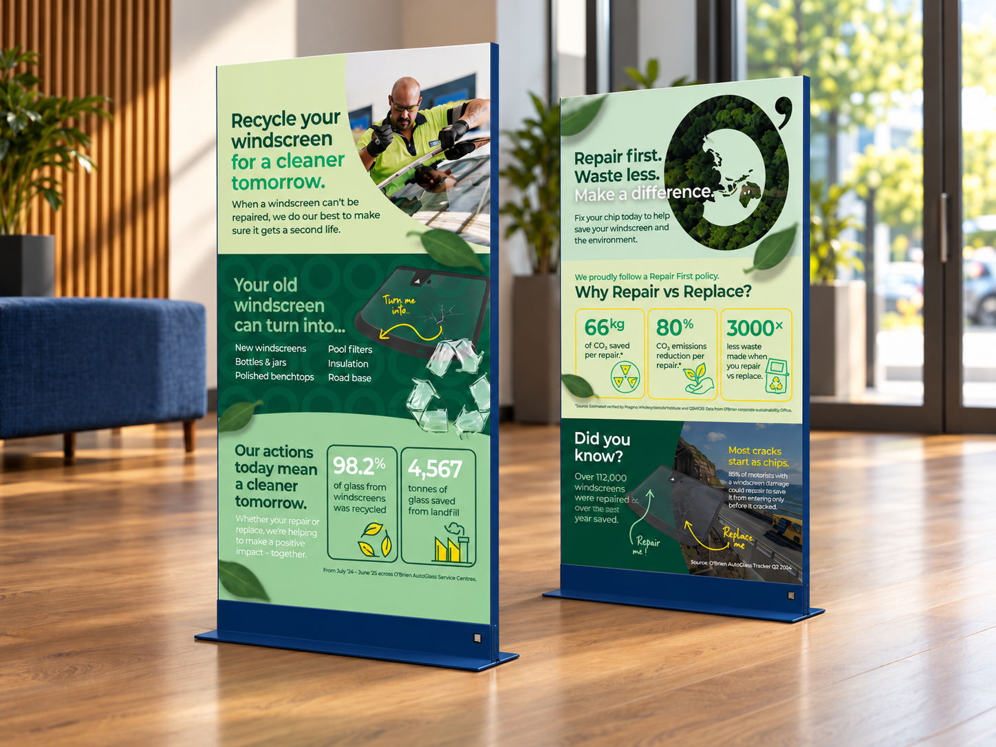 Eco Windscreen Recycling Banners in a Sunlit Lobby.png