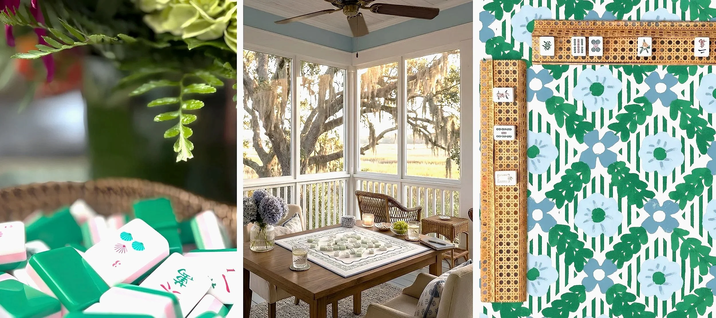 Close-up of fern leaves, sunlit porch with large windows revealing trees outside, table with game pieces and candles, patterned wallpaper with blue flowers, and a woven wicker chair.