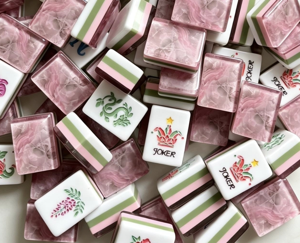 Assorted decorative Mahjong tiles with pink, green, and white patterns, some featuring floral designs and a joker symbol.