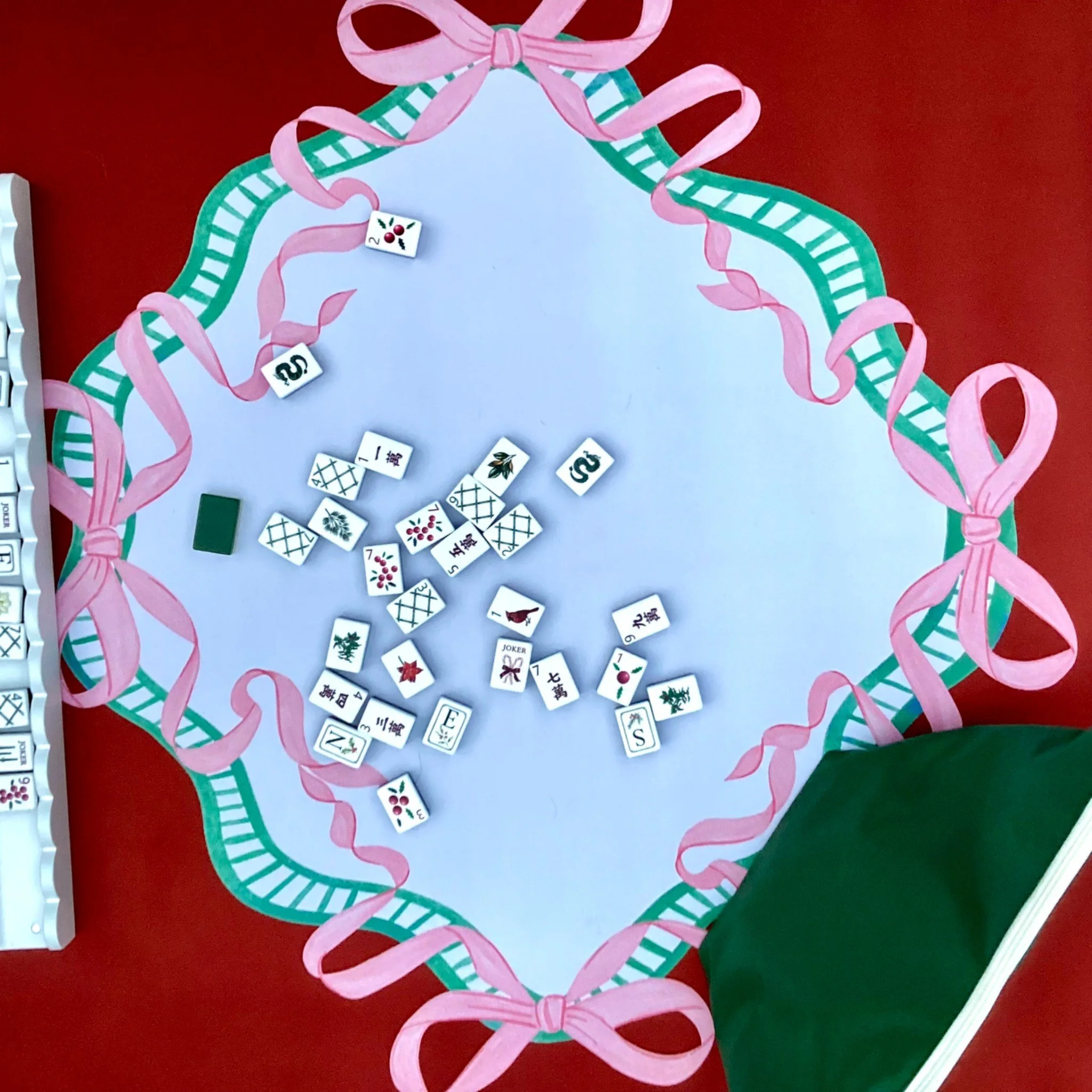 Christmas Mahjong Mat with preppy Pink ribbon and green botanical accents