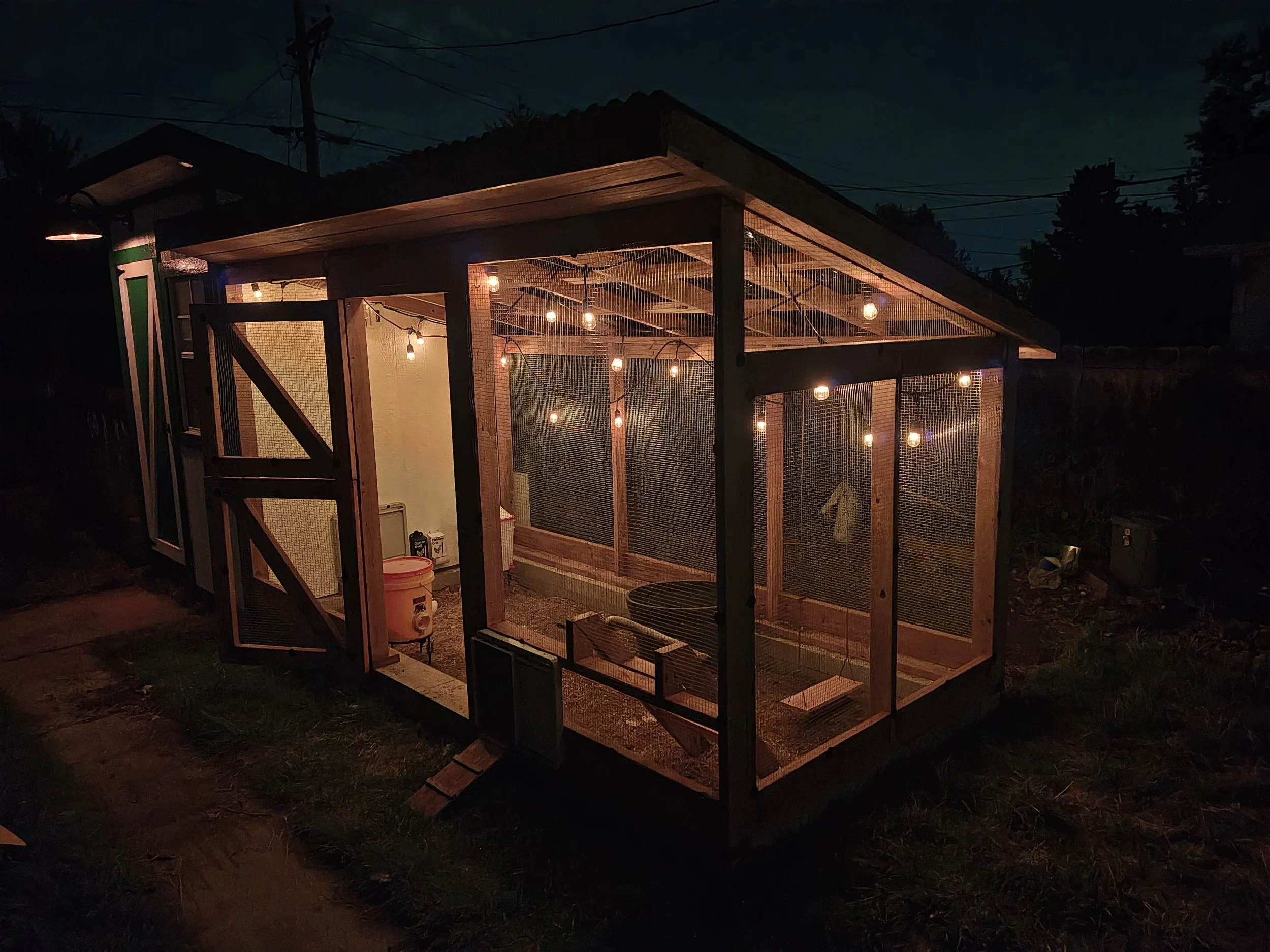 A small wooden and wire animal enclosure with string lights hanging inside, illuminated at night. A corner of a house or shed is visible to the left, and trees and power lines are in the background.