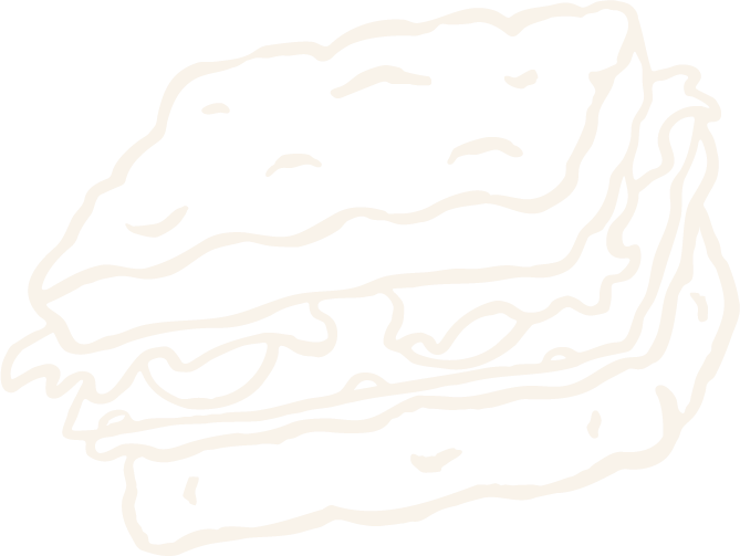 Sketch of a sandwich with multiple layers of bread and filling, outlined in white on a black background.