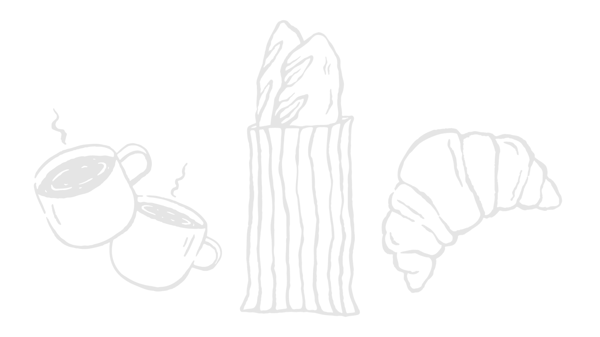 White line drawing of a steaming coffee cup on the left, a tall striped glass filled with a beverage in the middle, and a croissant on the right against a black background.