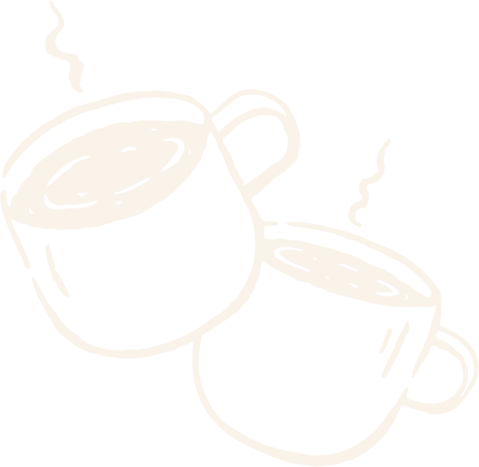 Two steaming coffee mugs clinking together, illustrated in black and white.