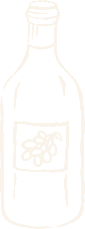 Line drawing of a bottle with a label featuring a branch of olives.