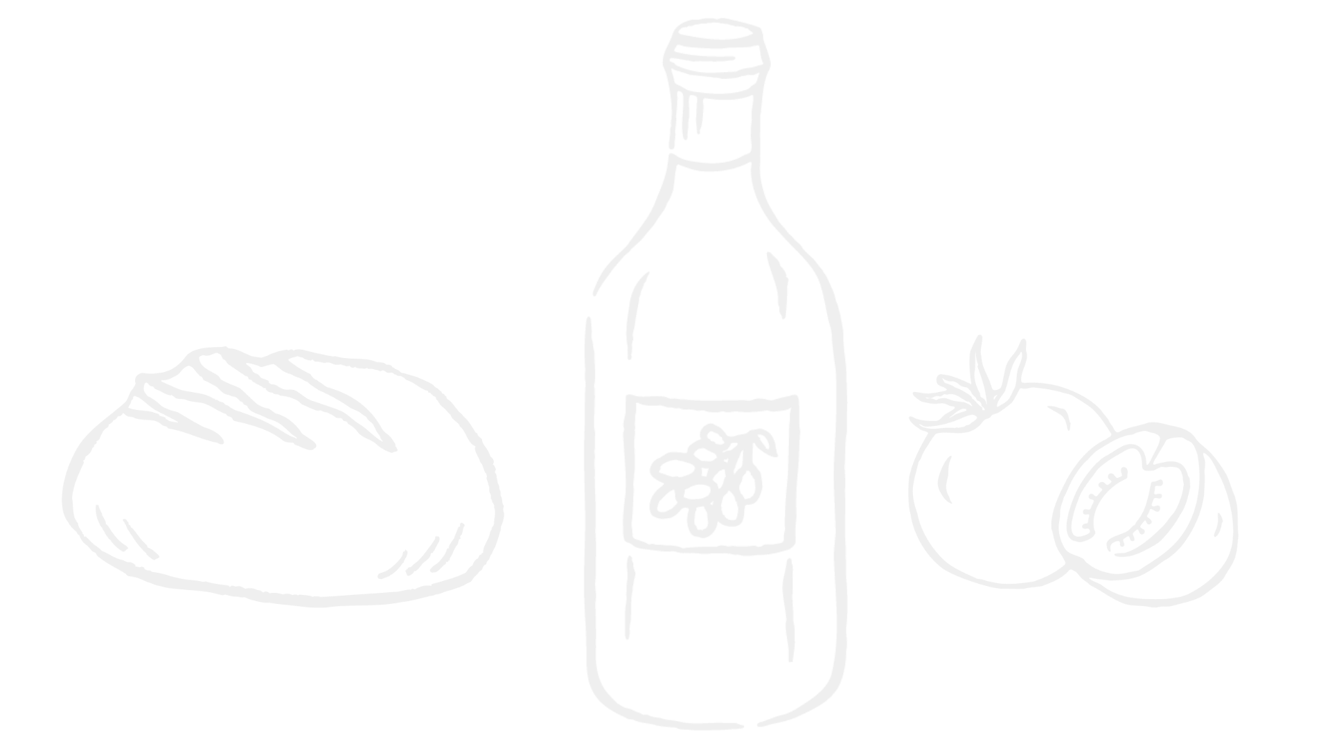 Line drawing of a bottle of oil, a block of cheese, and a tomato.
