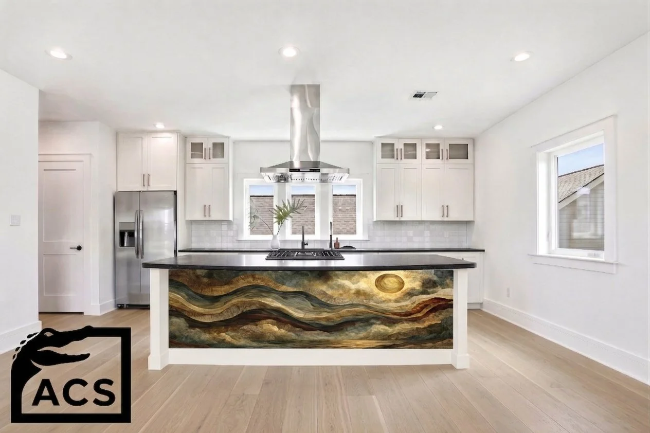 Sunset Stone Waves – Architectural Kitchen Island Cladding