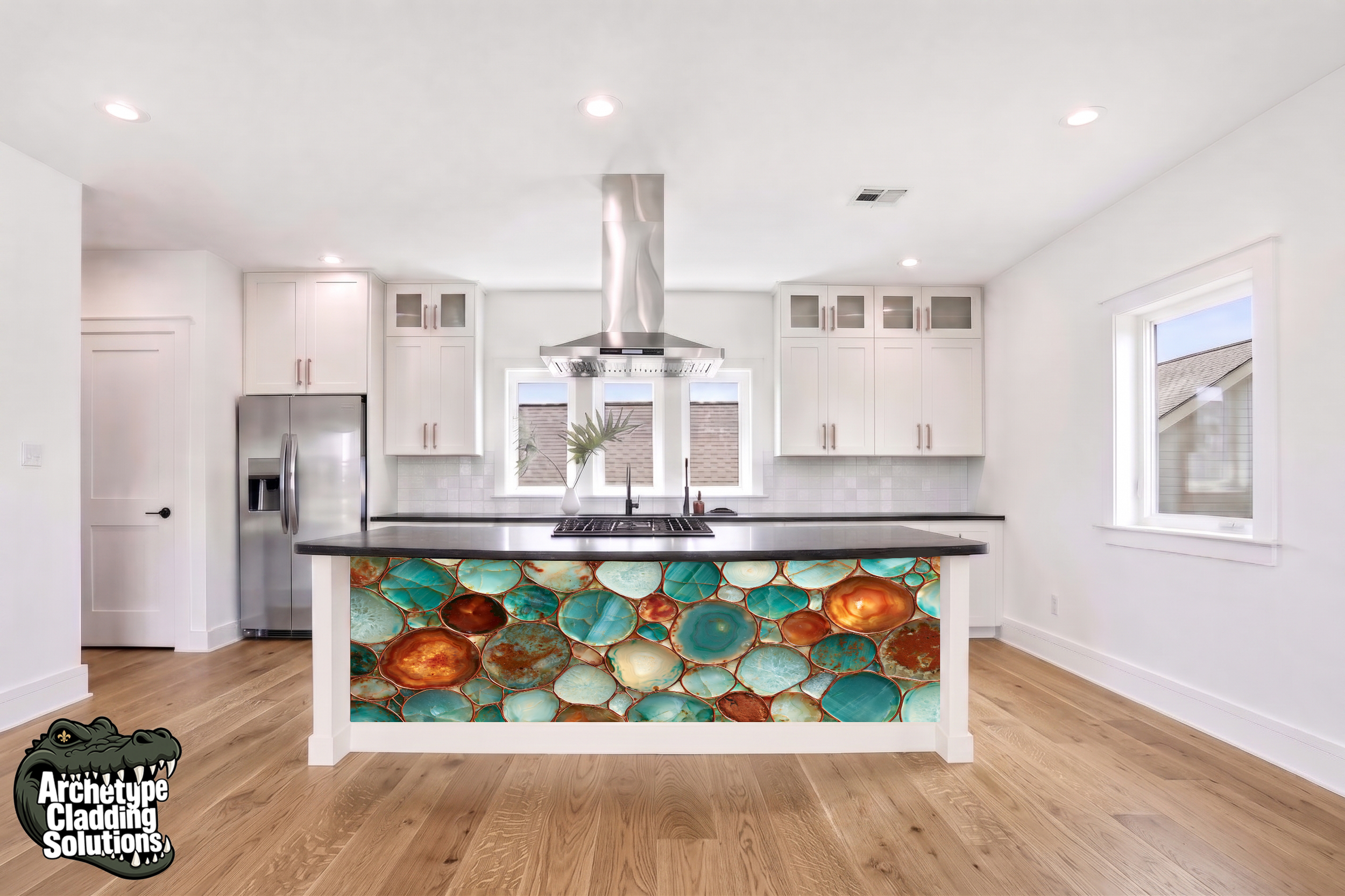 Teal & Copper Polished Agate Mosaic – Architectural Kitchen Island Cladding