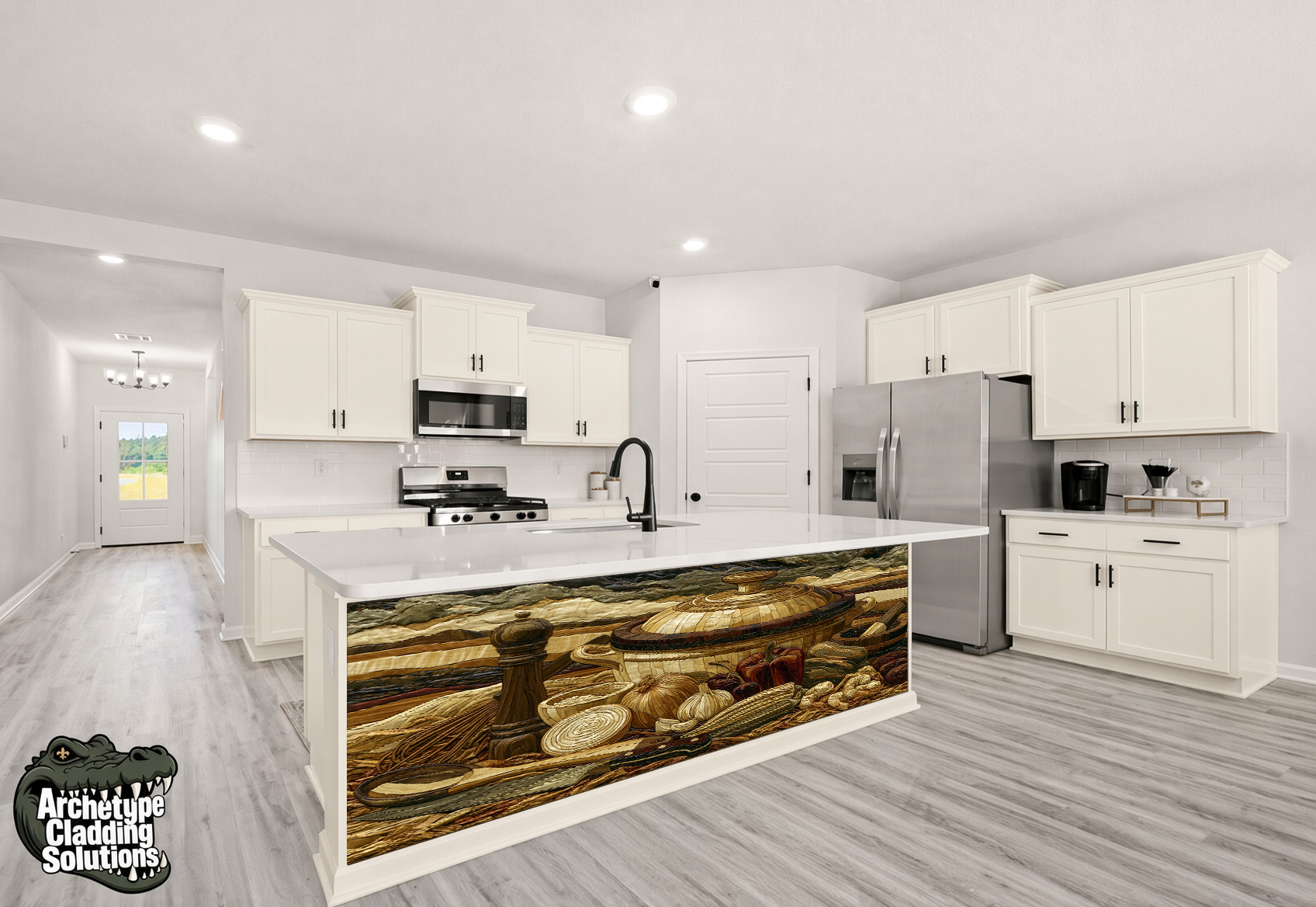 Gumbo Fixins Painterly Wood Intarsia Kitchen Island Cladding Panel