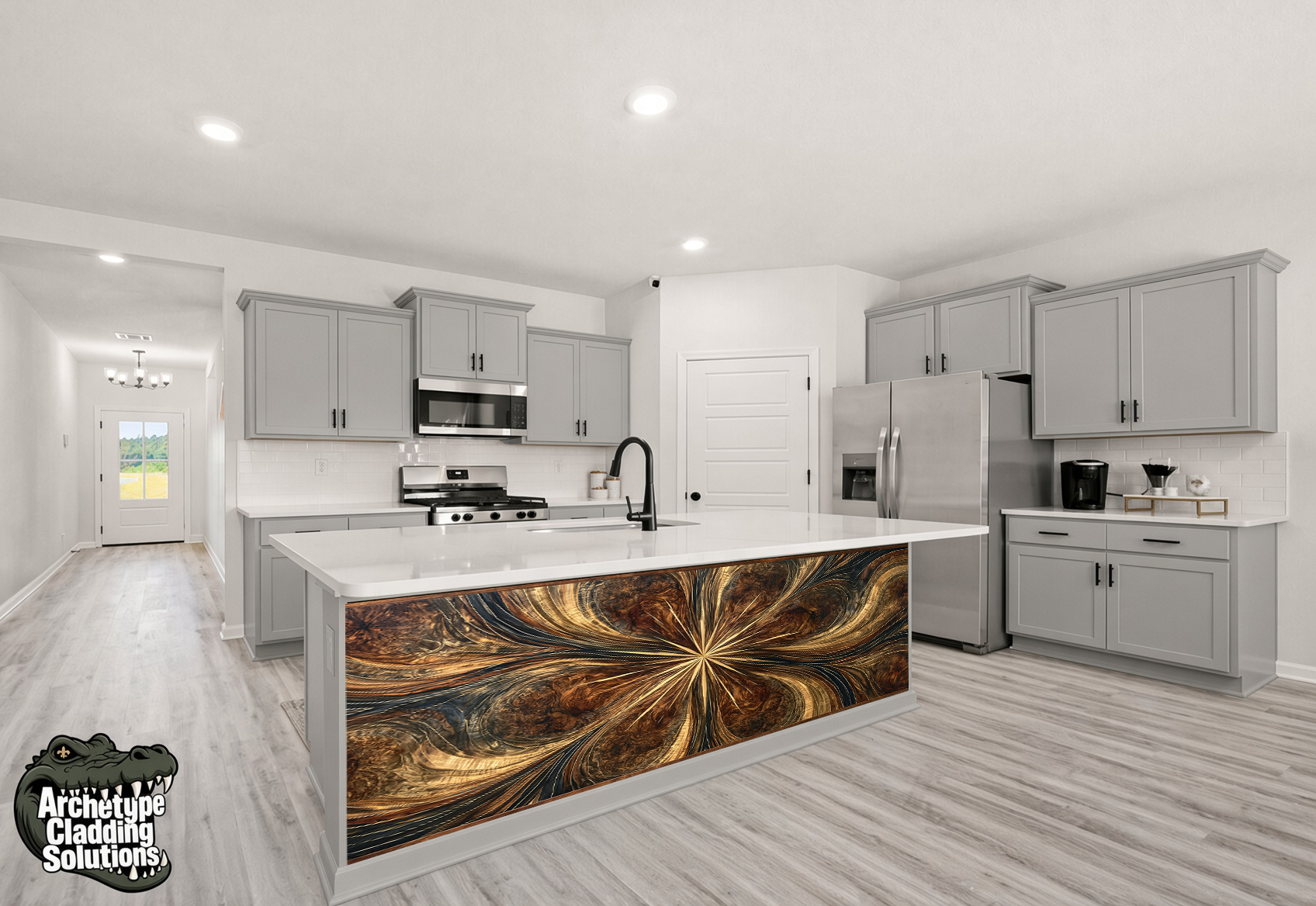 Radiant Radial Feather Burl – Architectural Kitchen Island Cladding