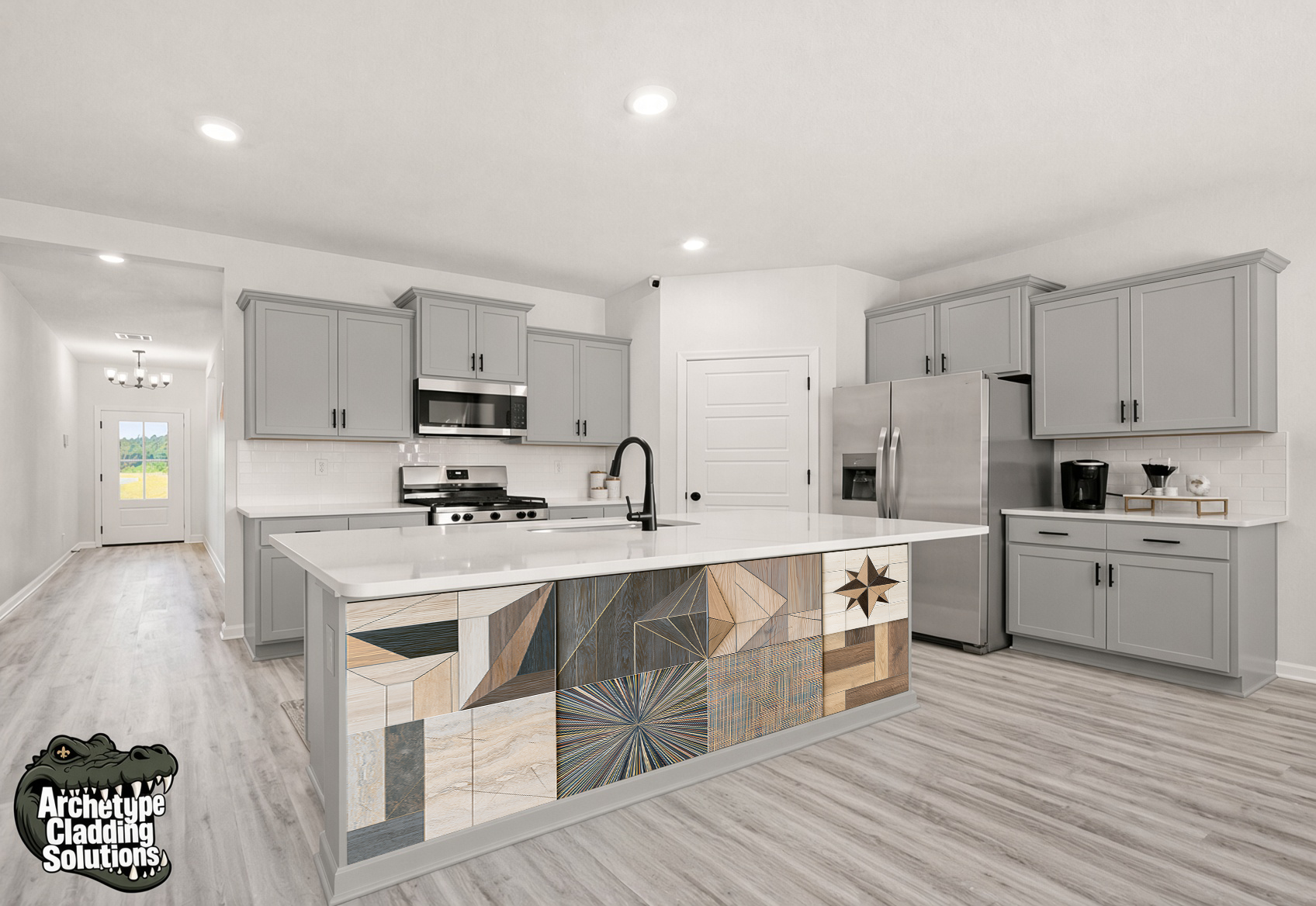 Multi-Directional Starburst & Geometric Parquet – Architectural Kitchen Island Cladding