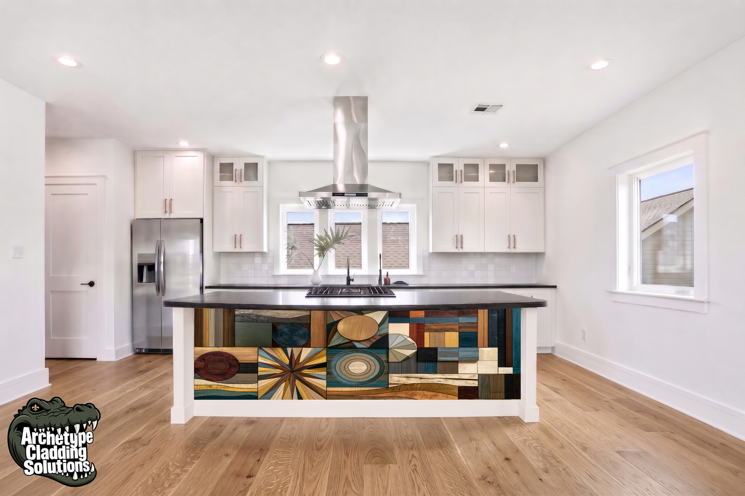 Multi-Directional Starburst & Geometric Parquet II – Architectural Kitchen Island Cladding