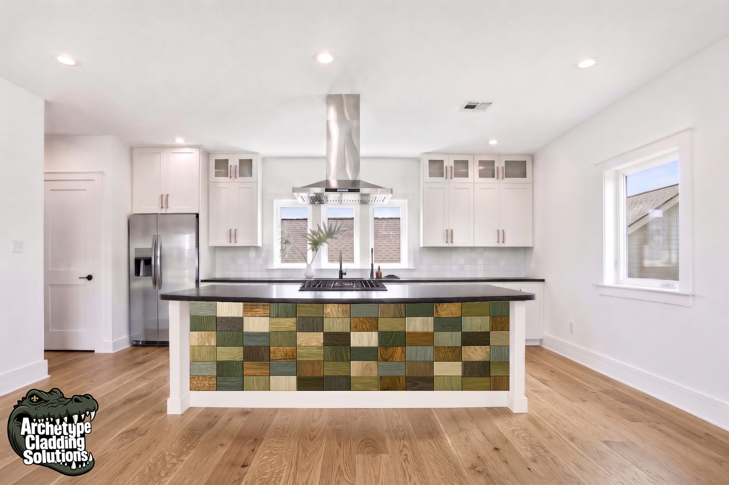 Geometric Earth & Sage Wood Block Parquet – Architectural Kitchen Island Cladding