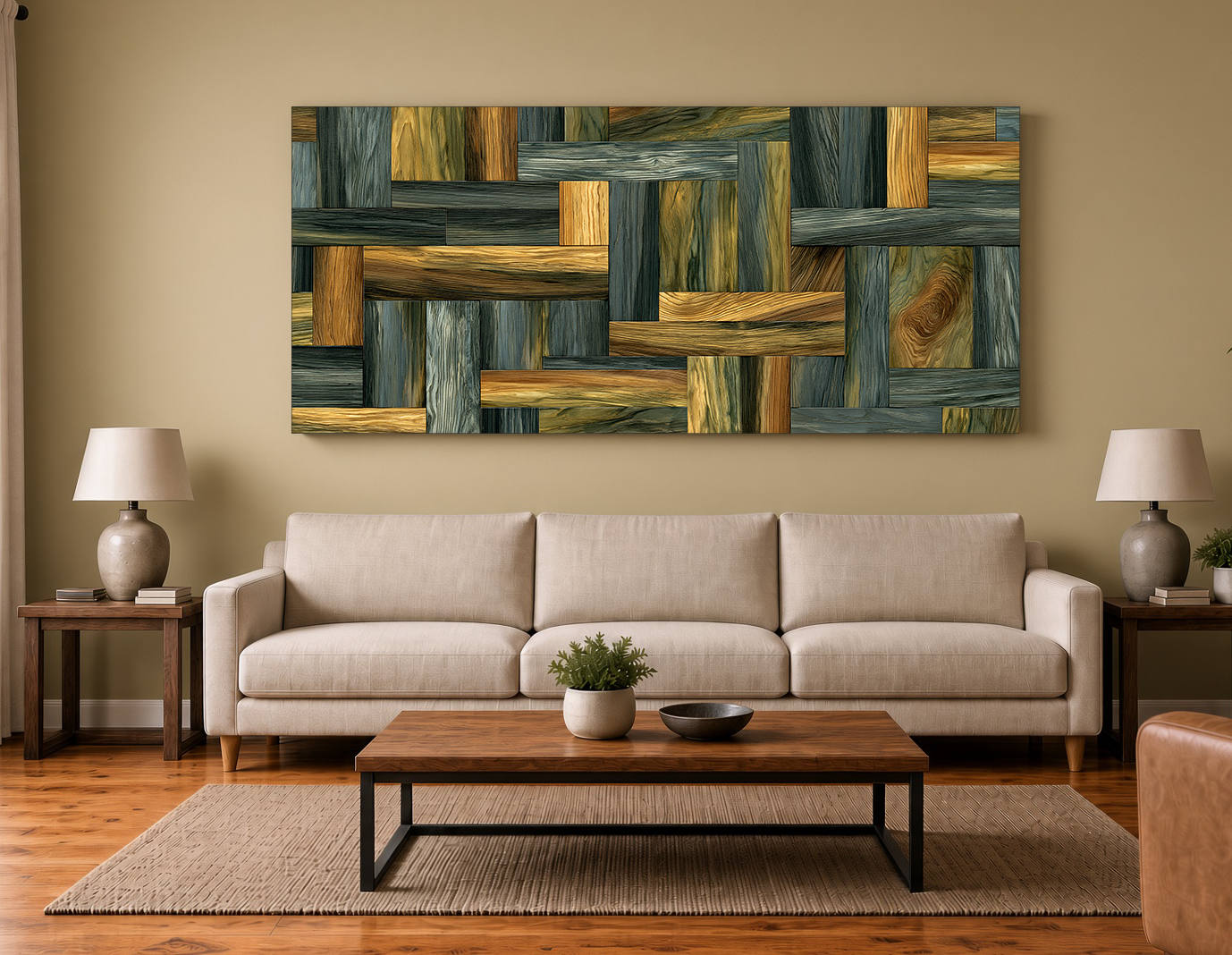 Blue & Gold Aniline Mosaic: Dimensional Wood Marquetry