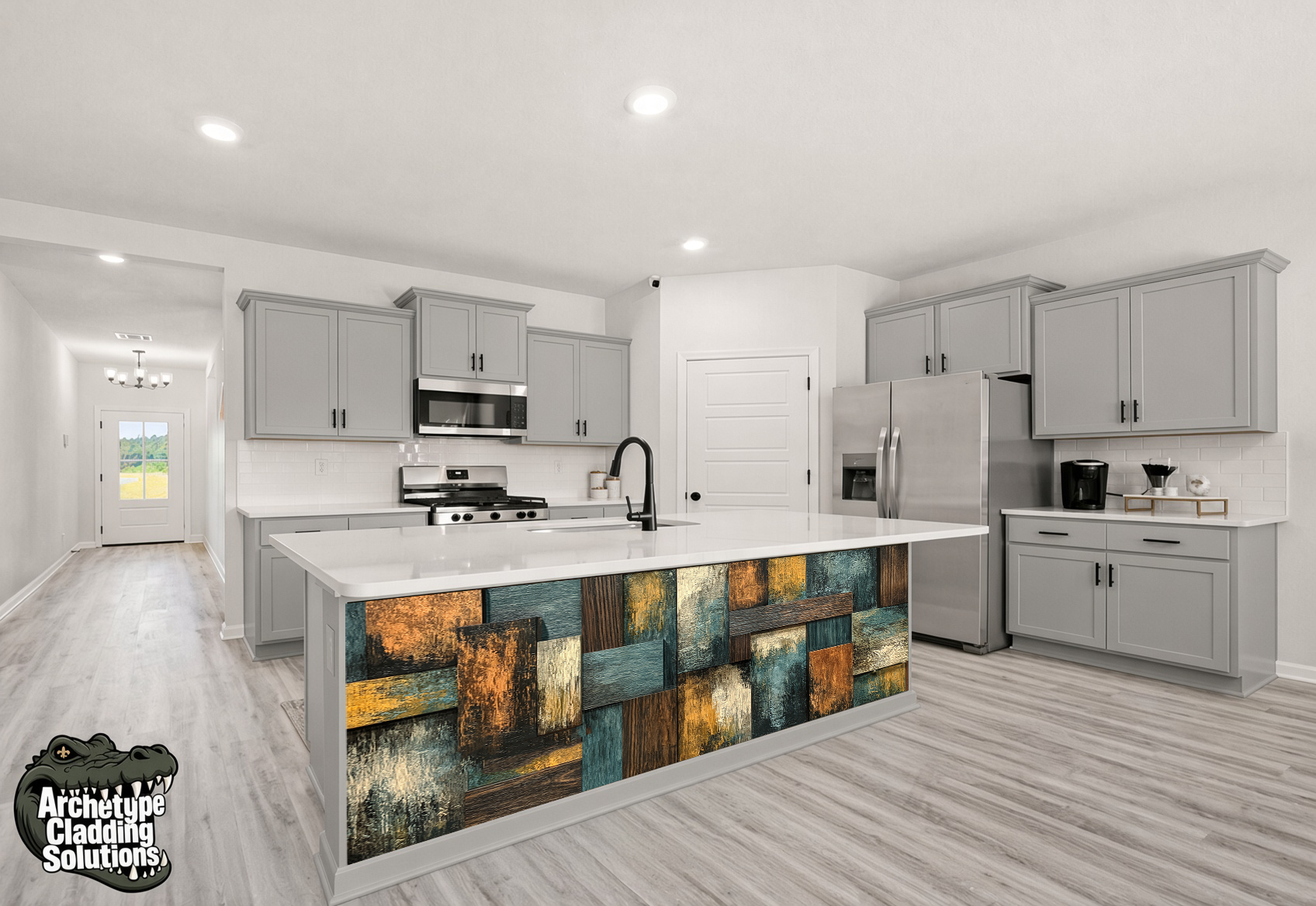 Teal & Amber Ochre Distressed Wood Block II – Architectural Cladding Panels