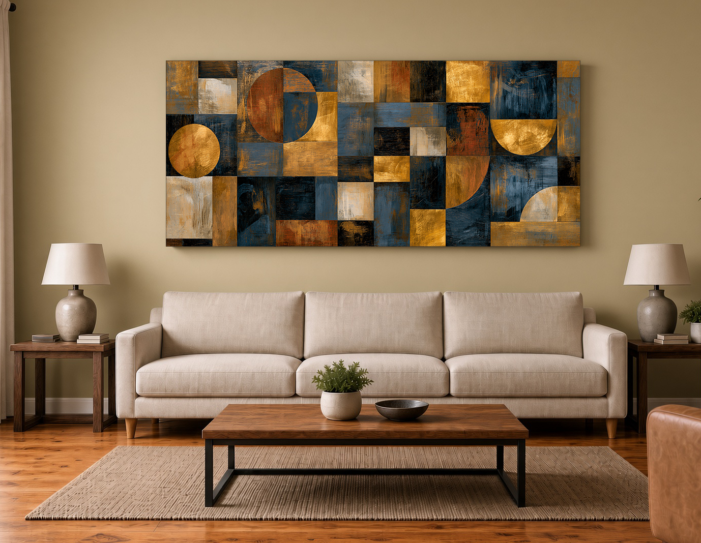 Rust & Teal Geometry: Painterly Wood Marquetry