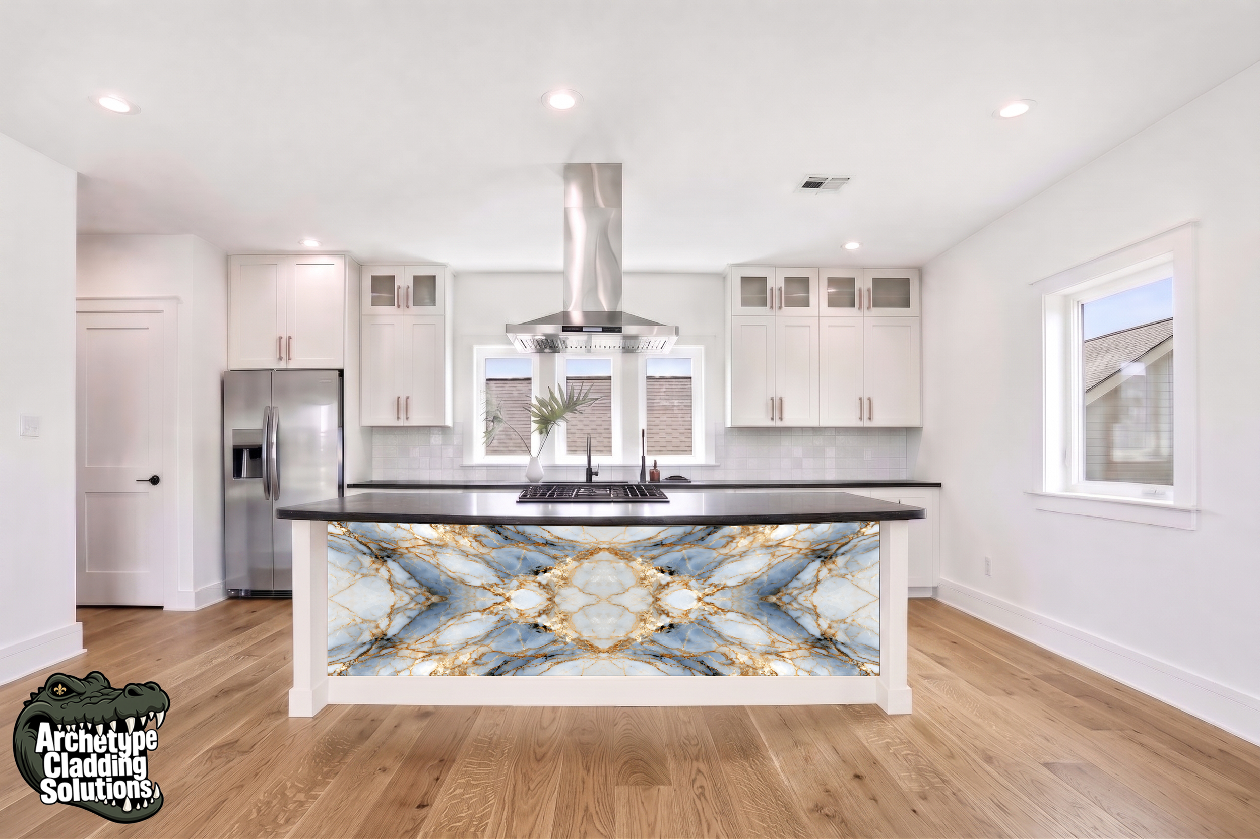 Bookmatched Blue Marble – Architectural Kitchen Island Cladding