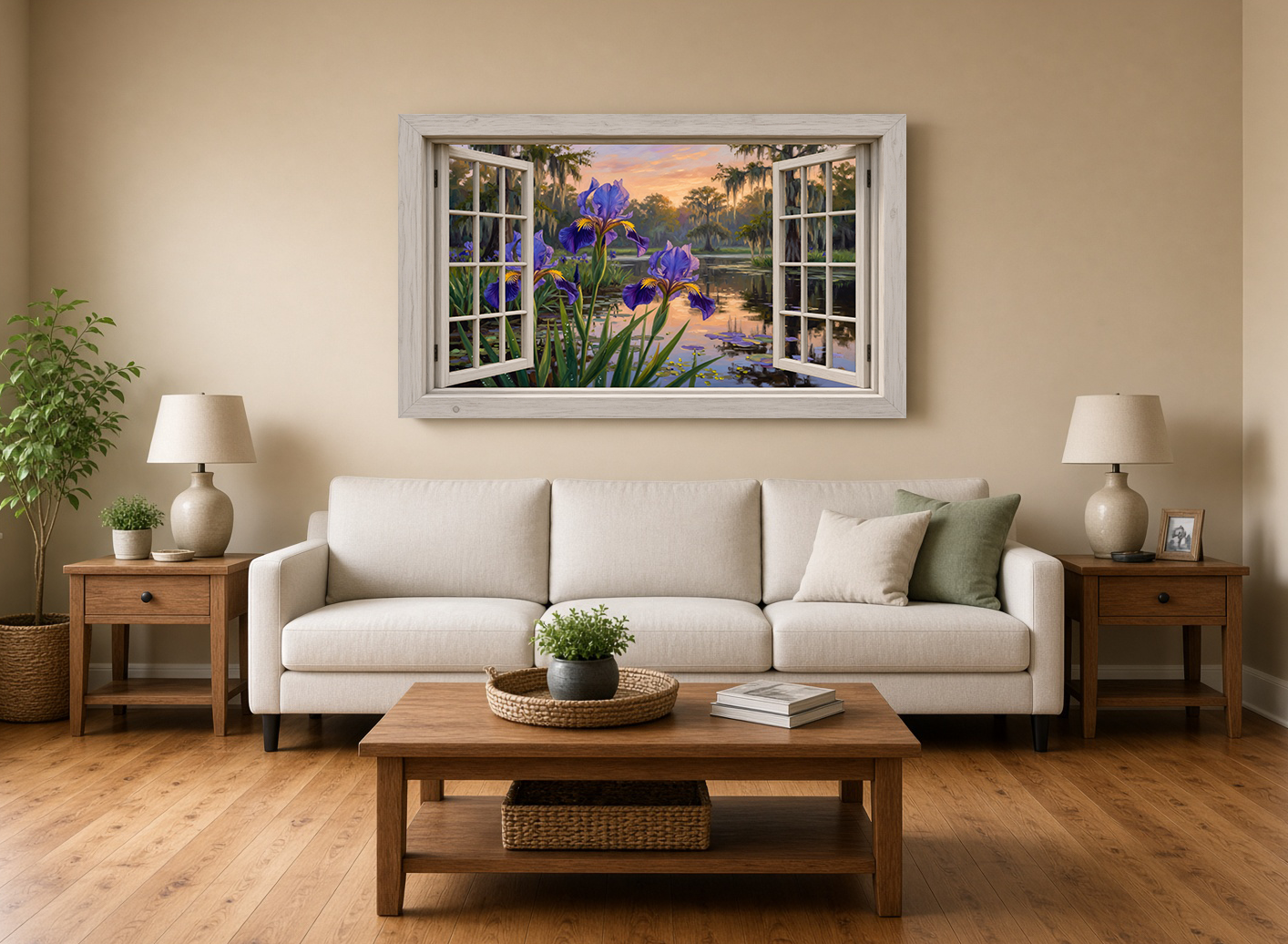 Blooming Iris & Sunset Lagoon Windowscape Fine Art Print