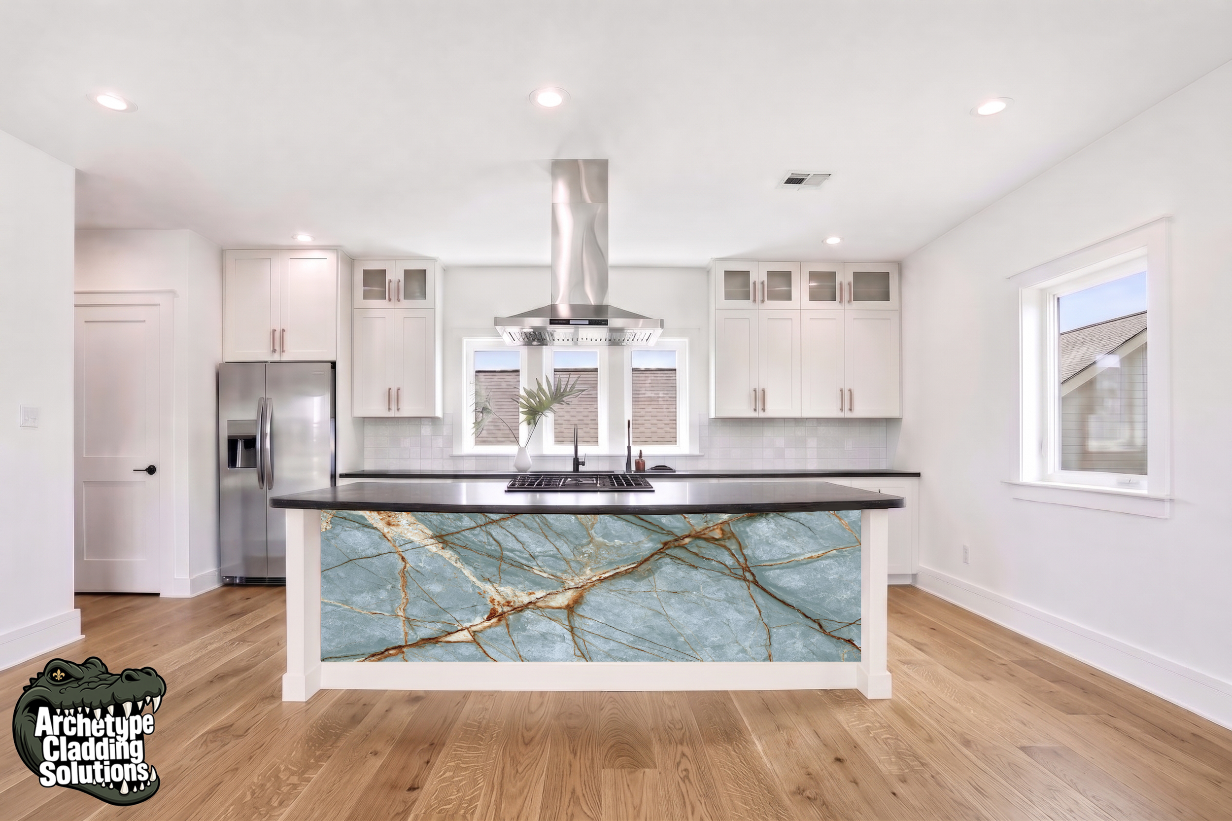 Pale Teal & Ivory Stone Matrix – Architectural Kitchen Island Cladding