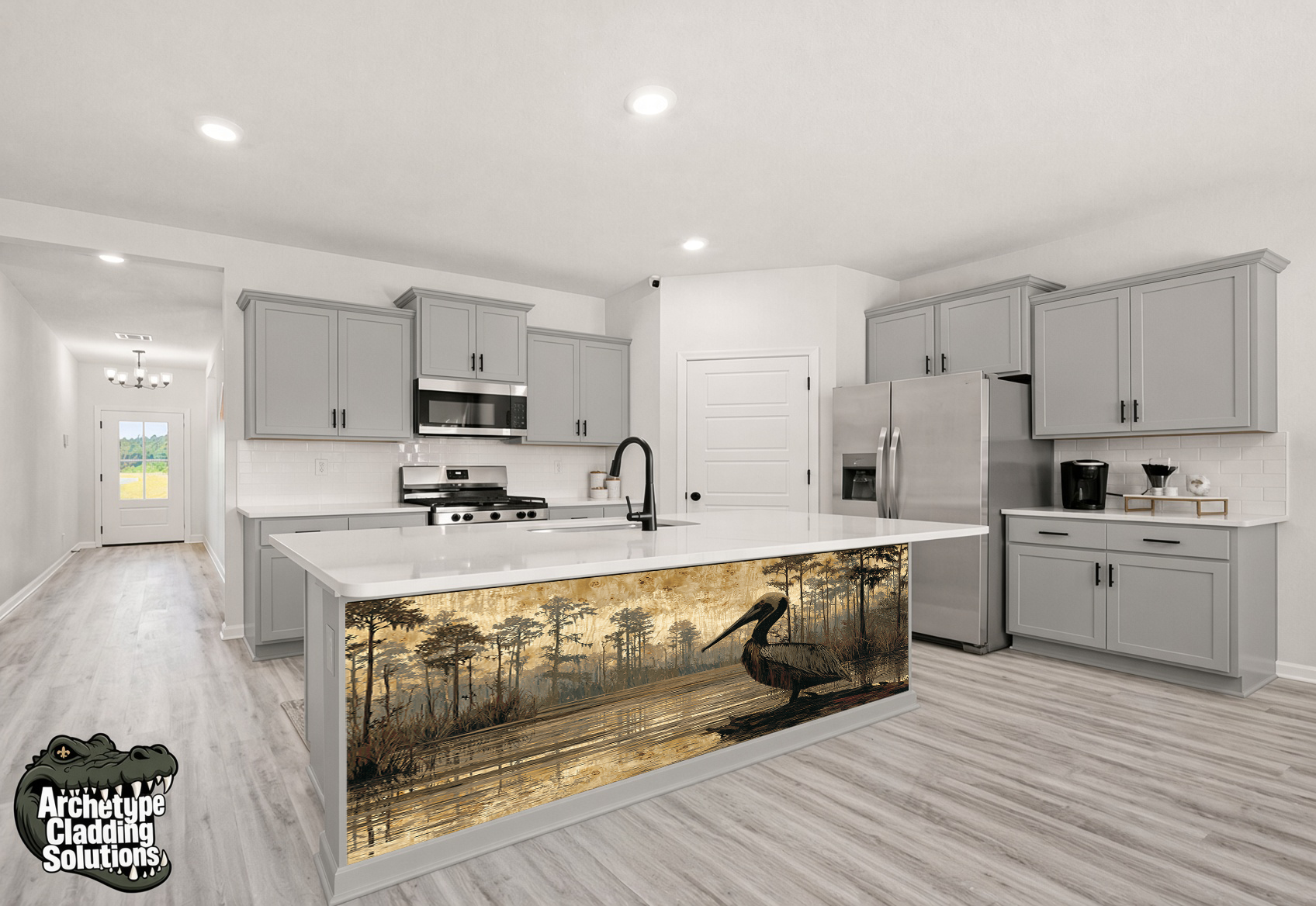 Louisiana Cypress Swamp Pelican Marquetry – Architectural Kitchen Island Cladding
