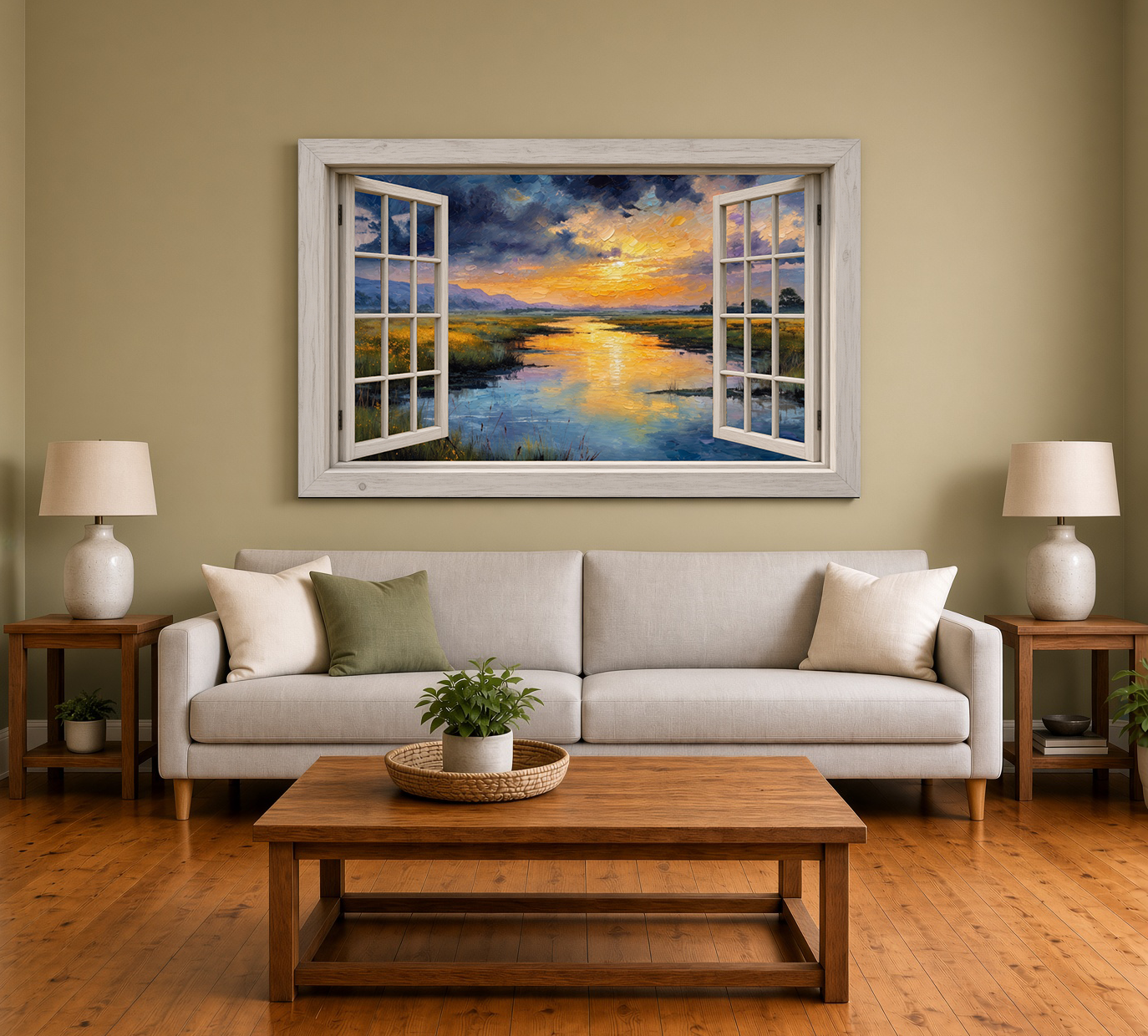 River Valley Sunset  Rolling Hills Art  Winding River Landscape
