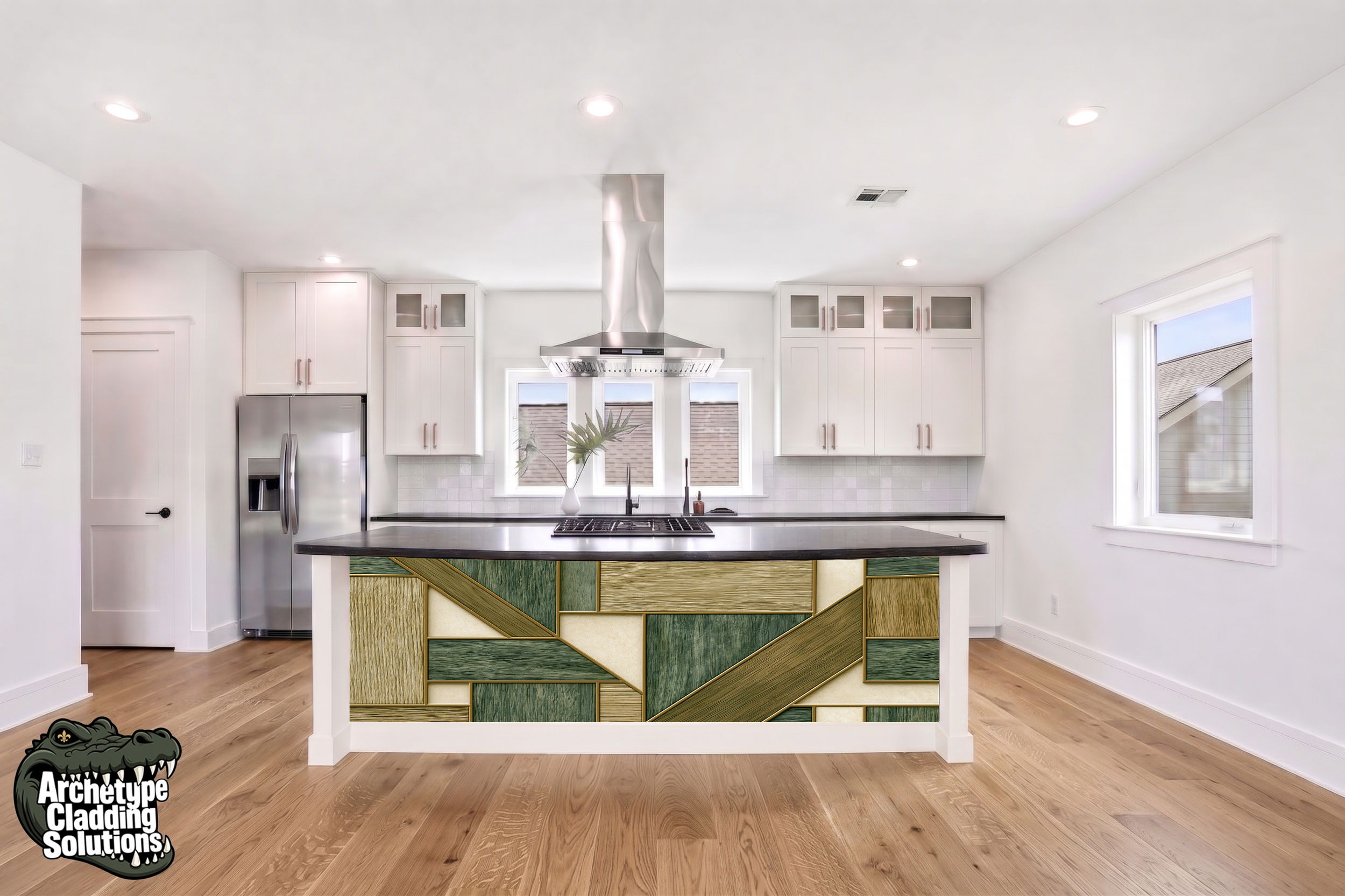 Emerald & Wheat Oak Parquet – Architectural Kitchen Island Cladding