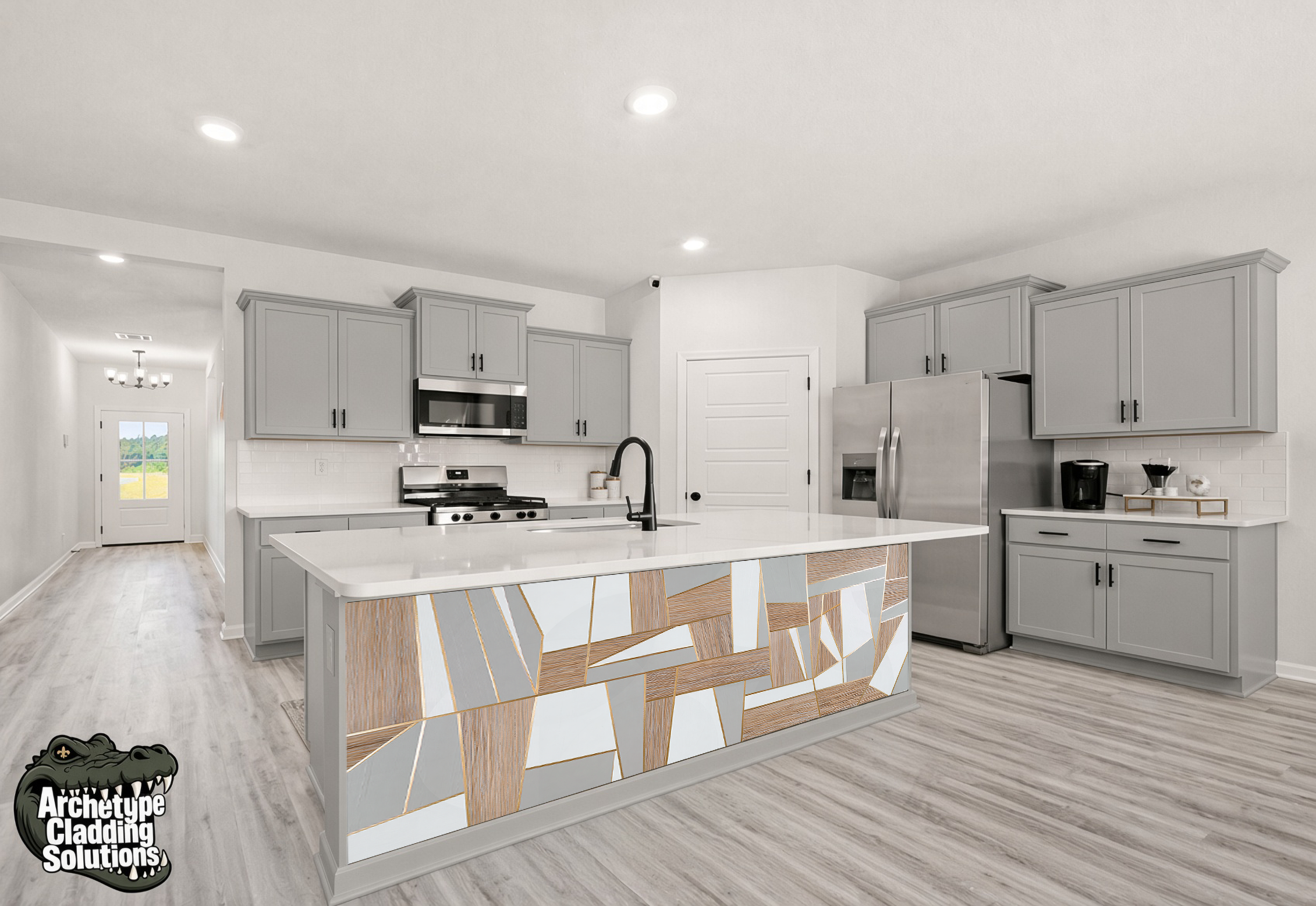 Stacked Sandstone & Rustic Interlocking Parquet Block – Architectural Kitchen Cladding