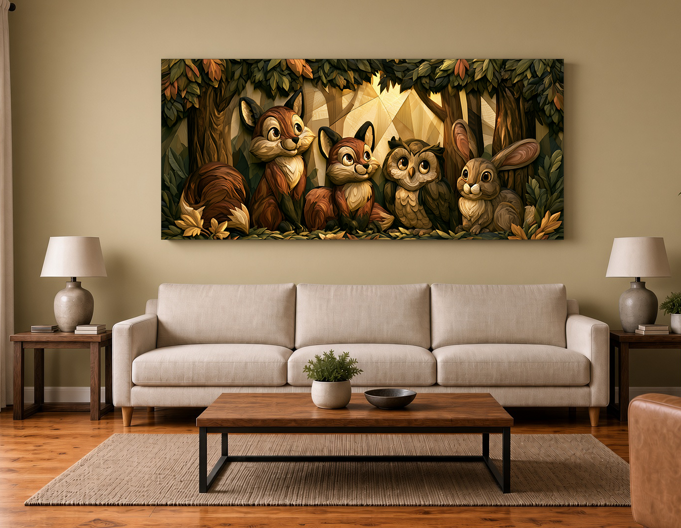 Painterly Wood Intarsia Forest Friends Foxes, Owl & Rabbit Wall Art