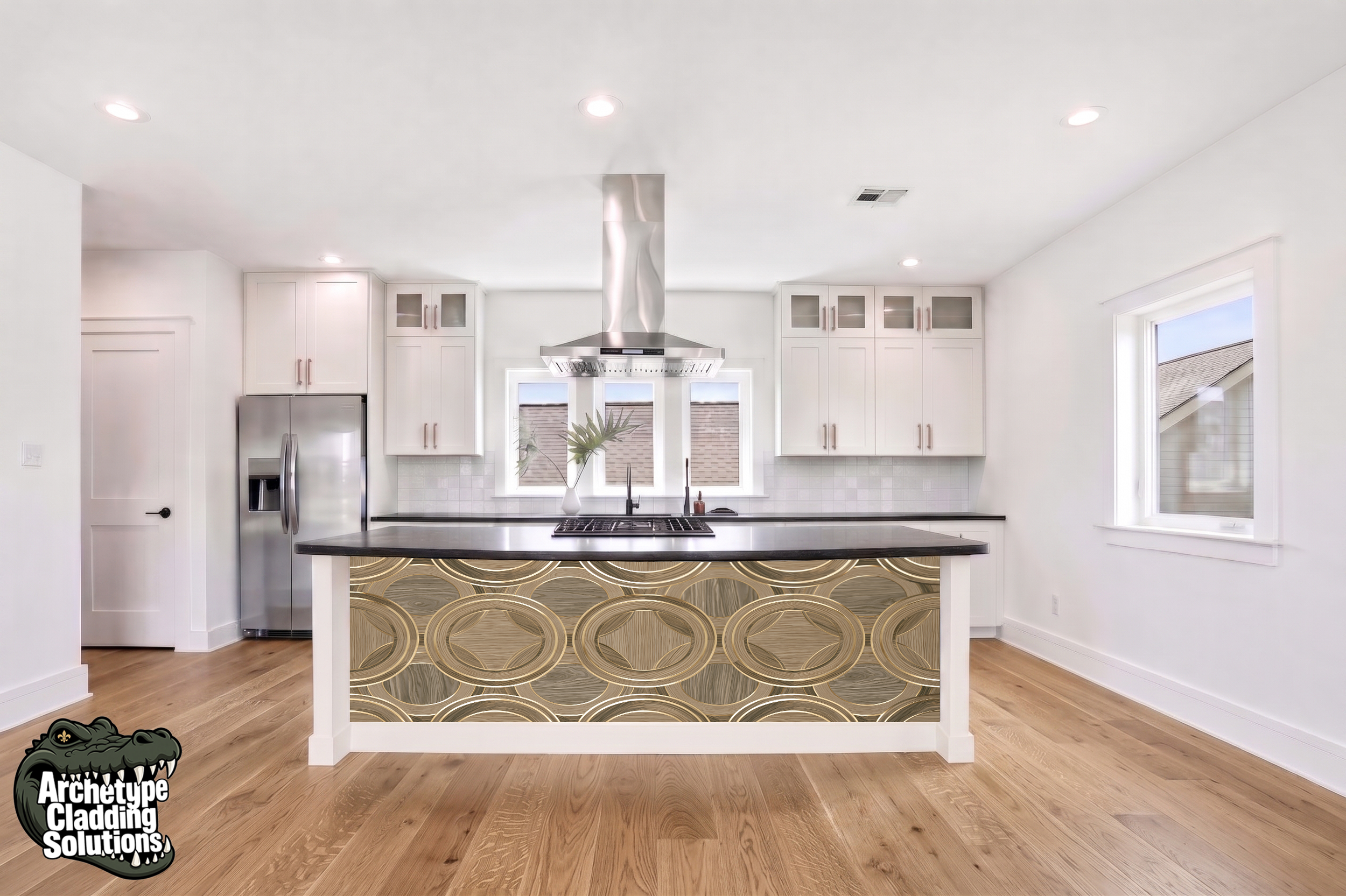 Concentric Walnut Orbits – Architectural Kitchen Island Cladding