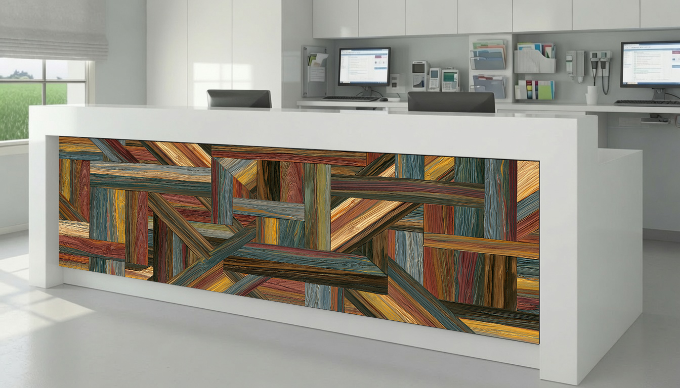 Teal & Amber Aniline Wood Block Marquetry – Architectural Cladding Panels