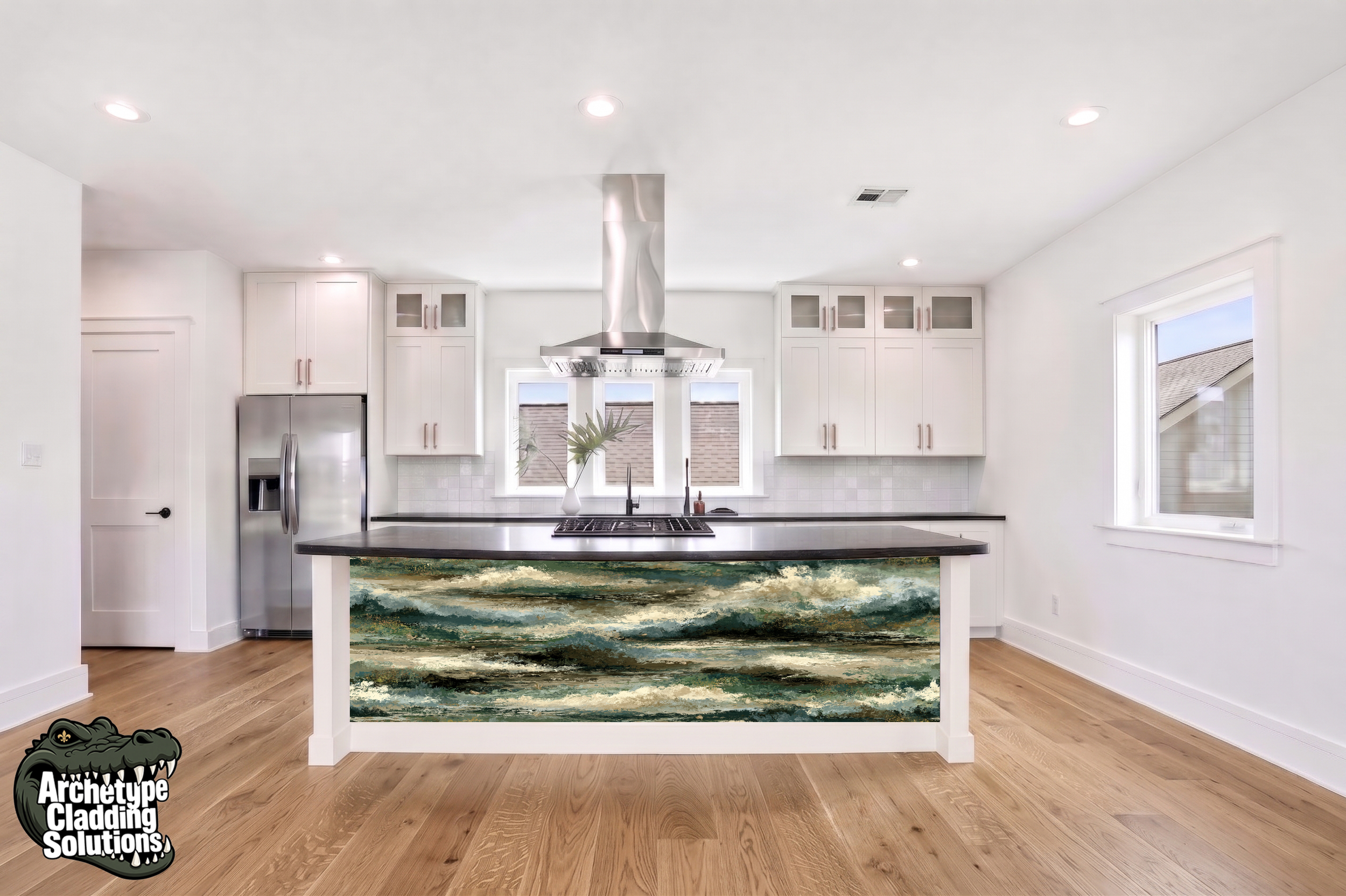 Smoky Jade & Gold Fluid Strata Mosaic – Architectural Kitchen Island Cladding
