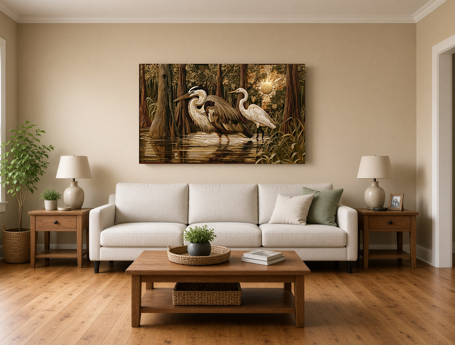 Painterly Wood Intarsia Blue Heron and Egret in Louisiana Swamp Wall Art (Copy)
