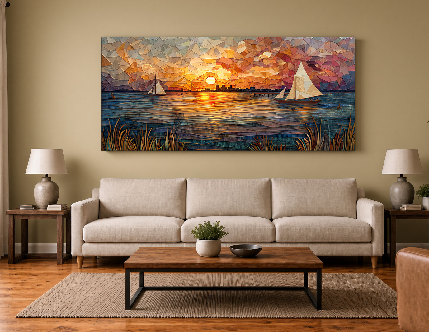 Painterly Wood Intarsia Sailboats on Lake Pontchartrain Fine Art Print