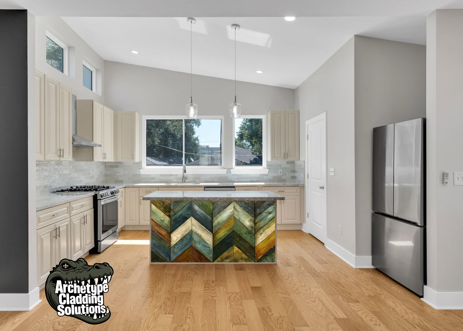Rustic Multi-Color Chevron Wood Inlay – Architectural Kitchen Island Cladding